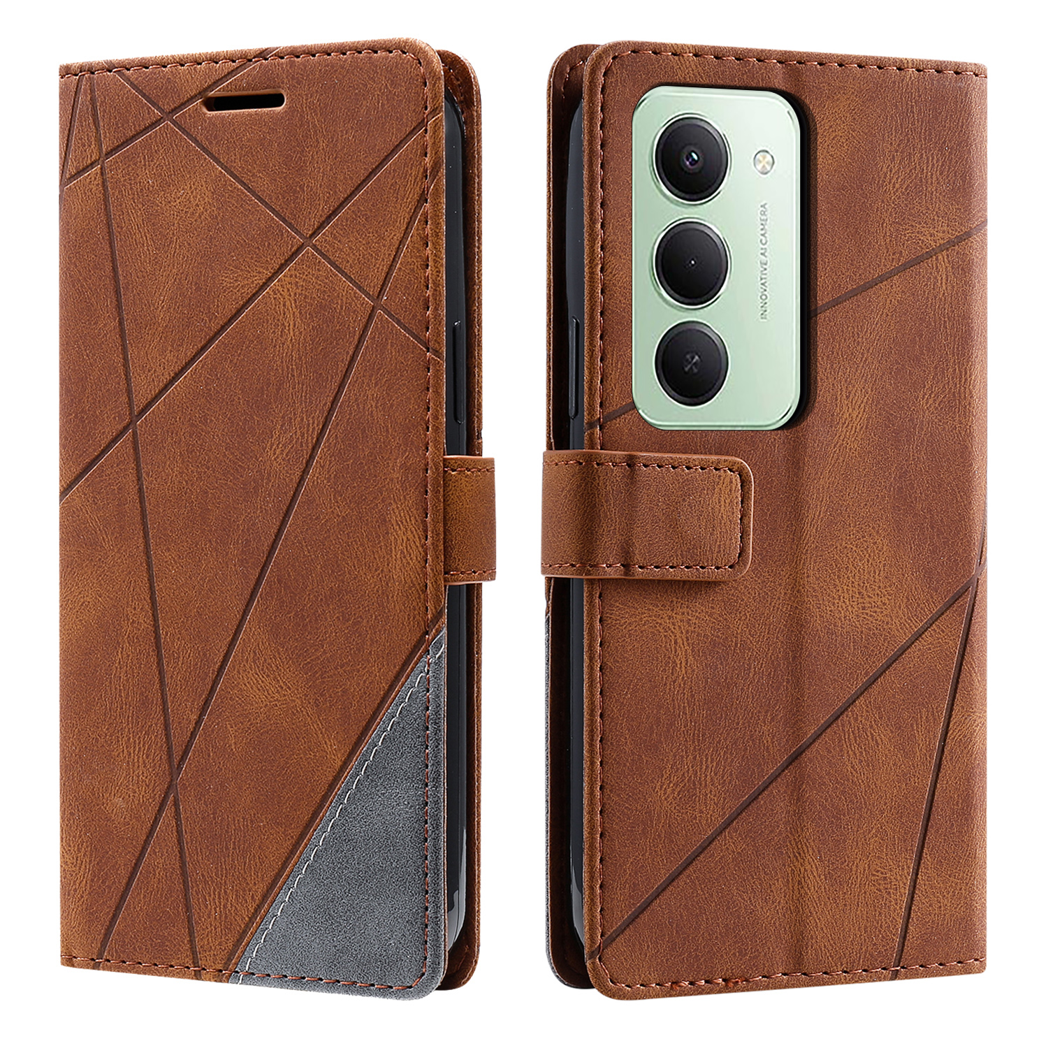 For Xiaomi Redmi 15 5G (Global) (169mm) / Redmi 15 4G (169mm) Case Imprinted Lines PU Leather Splicing Wallet Phone Cover - Brown