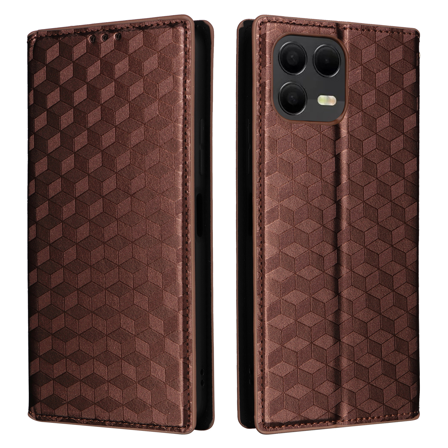 Leather Case for T-Mobile Revvl 8 Pro / T-Mobile T Phone 3 Pro / Telekom T Phone 3 Pro Wallet Rhombus Imprinted Phone Cover - Brown