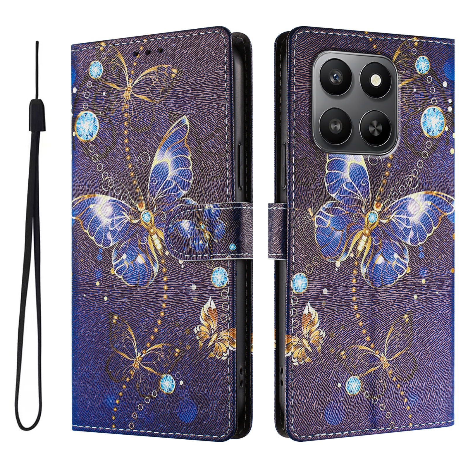 For Honor X7d 4G / Honor 400 Smart 4G / Honor X7d 5G / Honor 400 Smart 5G Case Pattern Print PU Leather Wallet Phone Cover with Wrist Strap - Blue But