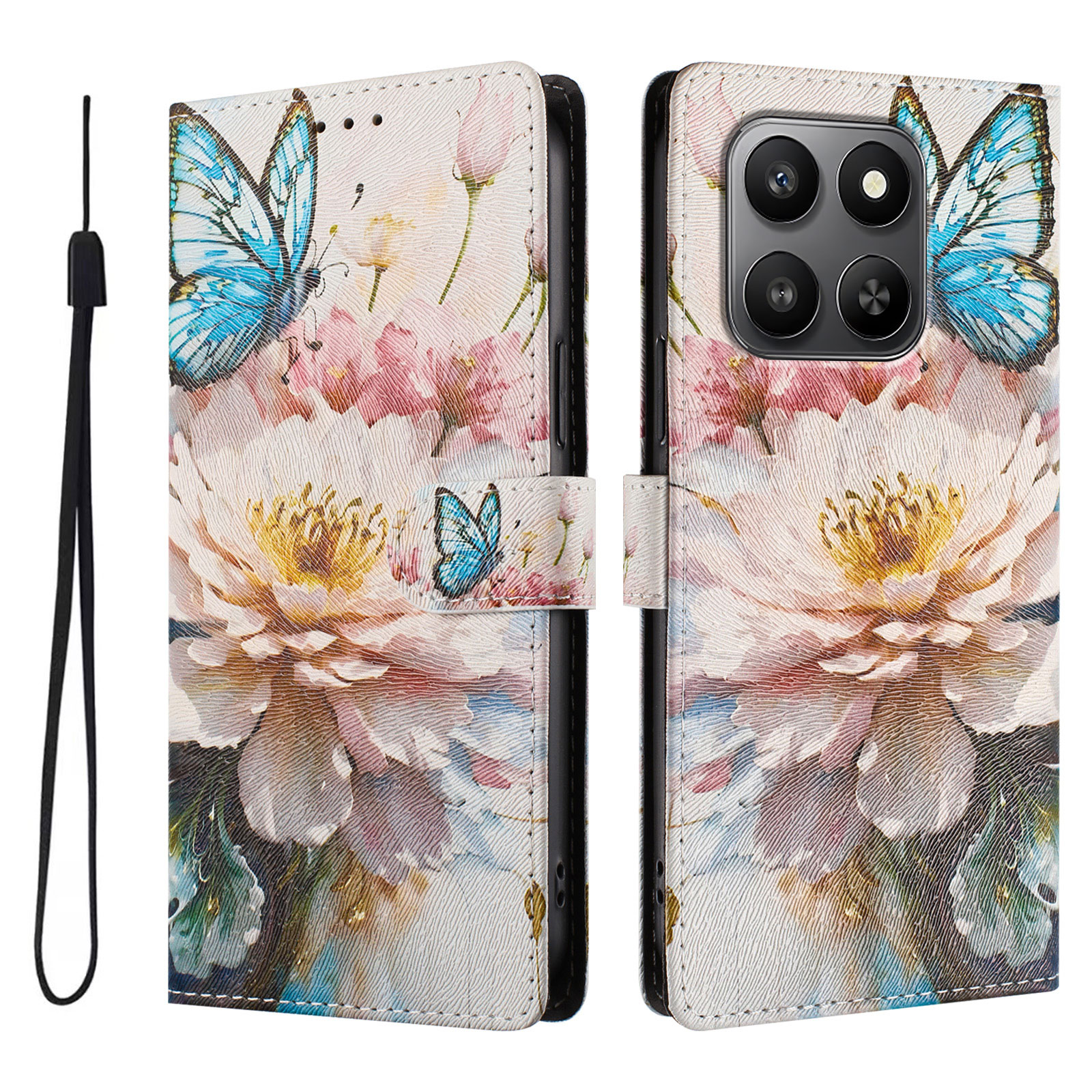 For Honor X7d 4G / Honor 400 Smart 4G / Honor X7d 5G / Honor 400 Smart 5G Case Pattern Print PU Leather Wallet Phone Cover with Wrist Strap - Butterfl