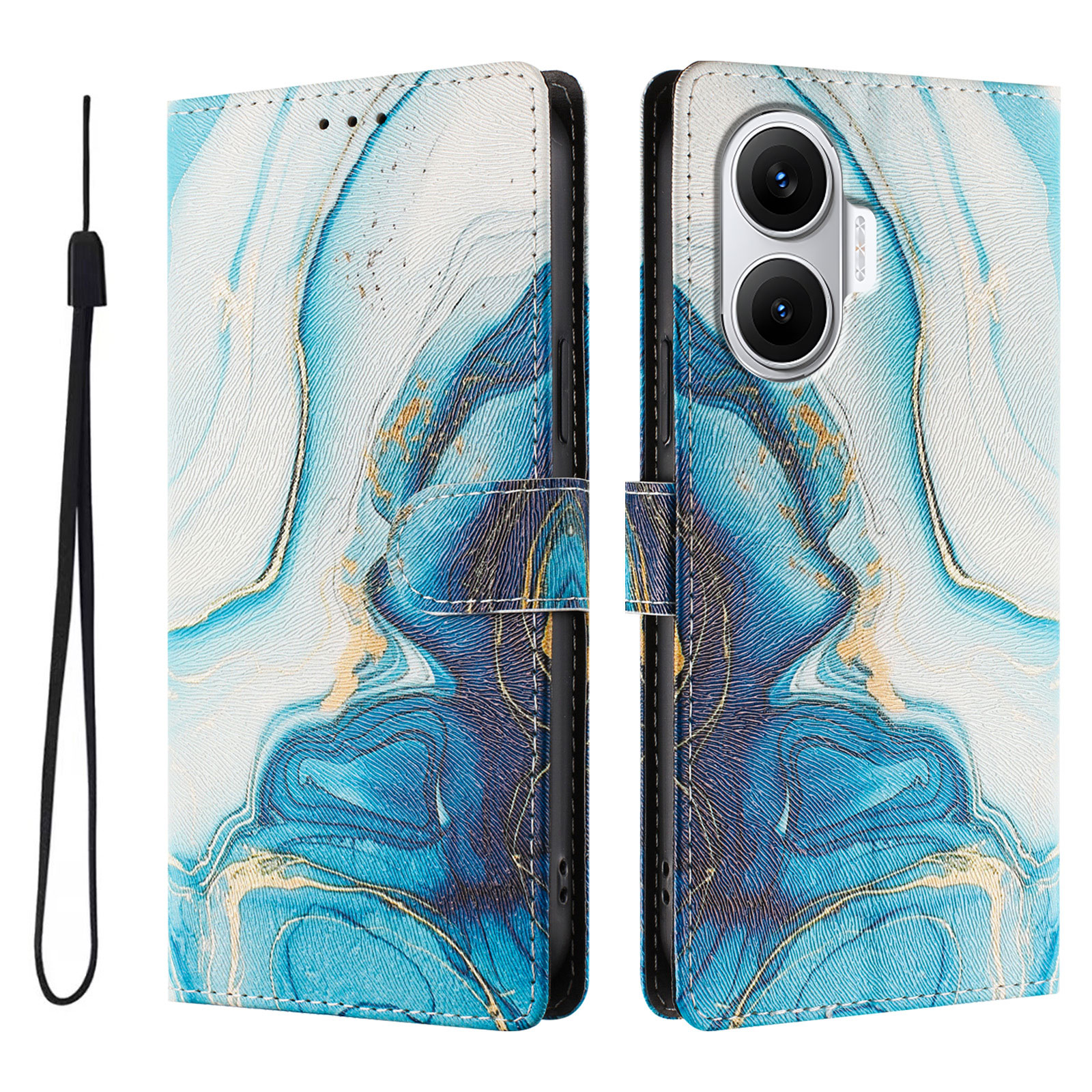 For Xiaomi Redmi Turbo 4 Pro 5G / Xiaomi Poco F7 5G Case Pattern Print PU Leather Wallet Phone Cover with Wrist Strap - Blue Marble