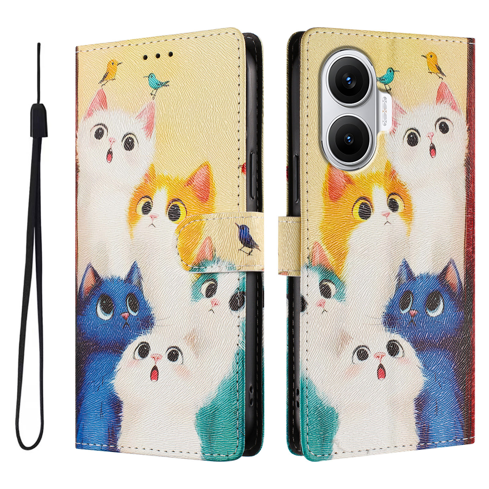 For Xiaomi Redmi Turbo 4 Pro 5G / Xiaomi Poco F7 5G Case Pattern Print PU Leather Wallet Phone Cover with Wrist Strap - Colorful Cats