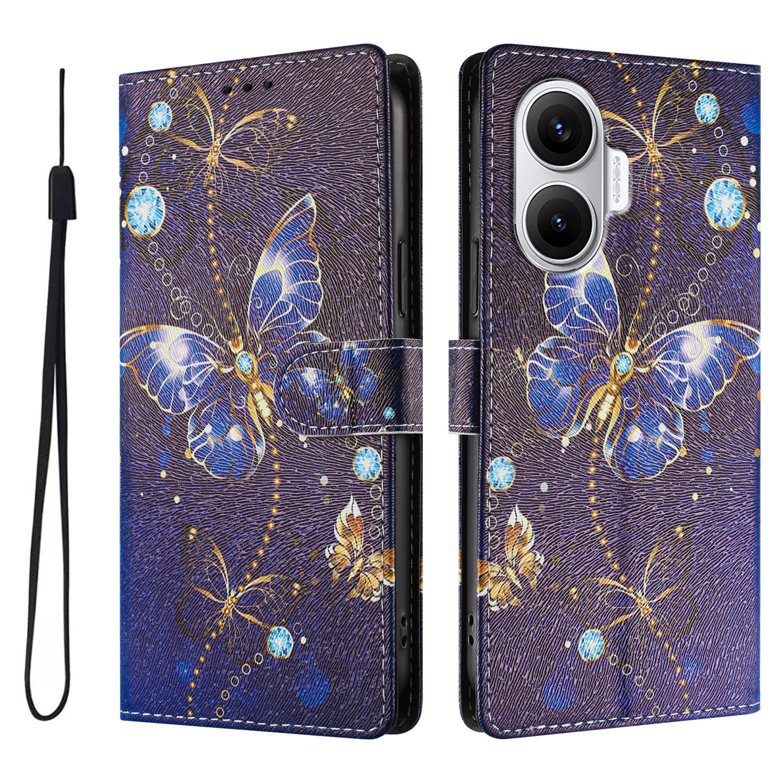 For Xiaomi Redmi Turbo 4 Pro 5G / Xiaomi Poco F7 5G Case Pattern Print PU Leather Wallet Phone Cover with Wrist Strap - Blue Butterfly