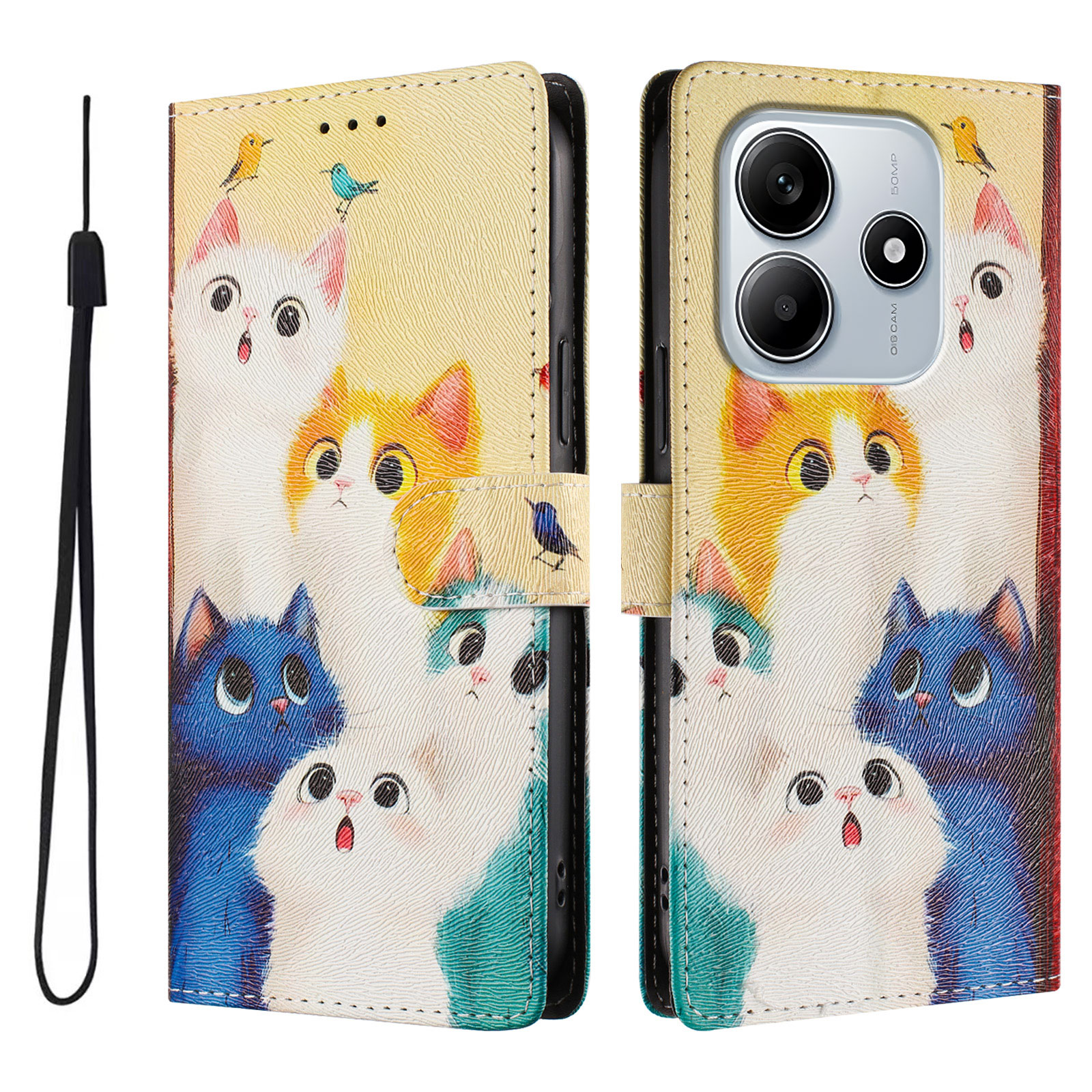 For Xiaomi Poco M7 Pro 5G / Xiaomi Redmi Note 14 5G Case Pattern Print PU Leather Wallet Phone Cover with Wrist Strap - Colorful Cats