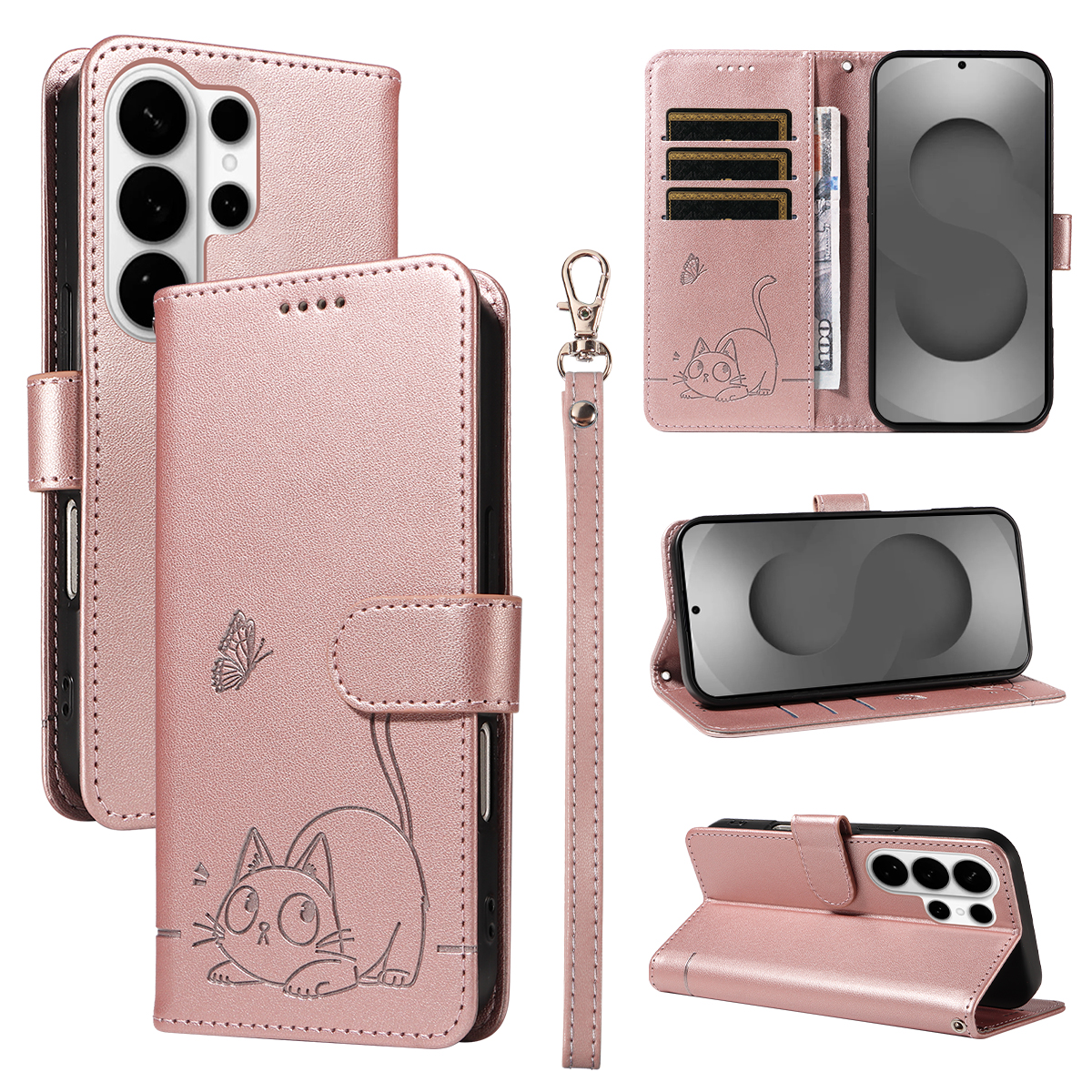 For Samsung Galaxy S26 Ultra Case Cat Pattern Imprint Leather Phone Cover with Wrist Strap - Rose Gold