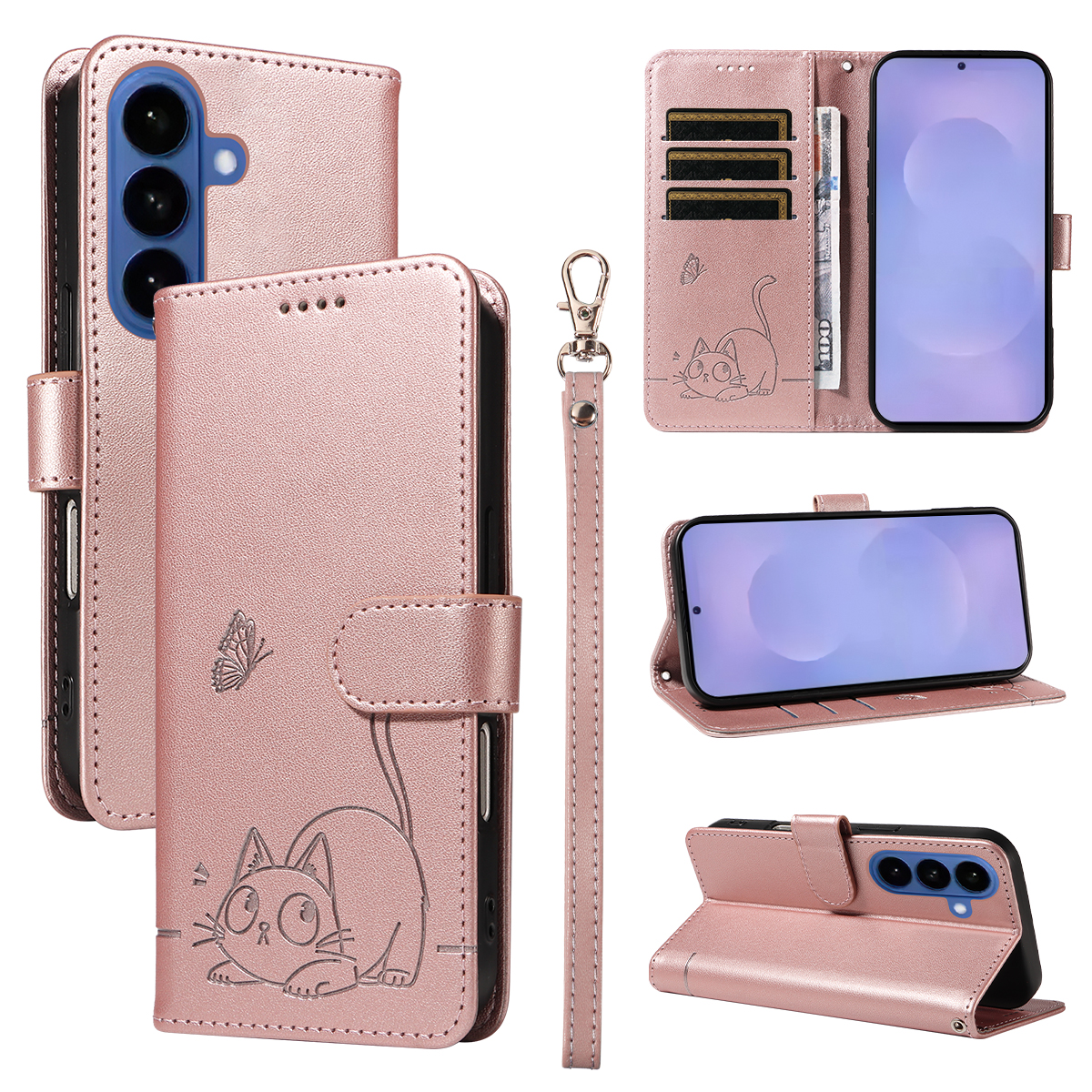 For Samsung Galaxy S26 Case Cat Pattern Imprint Leather Phone Cover with Wrist Strap - Rose Gold