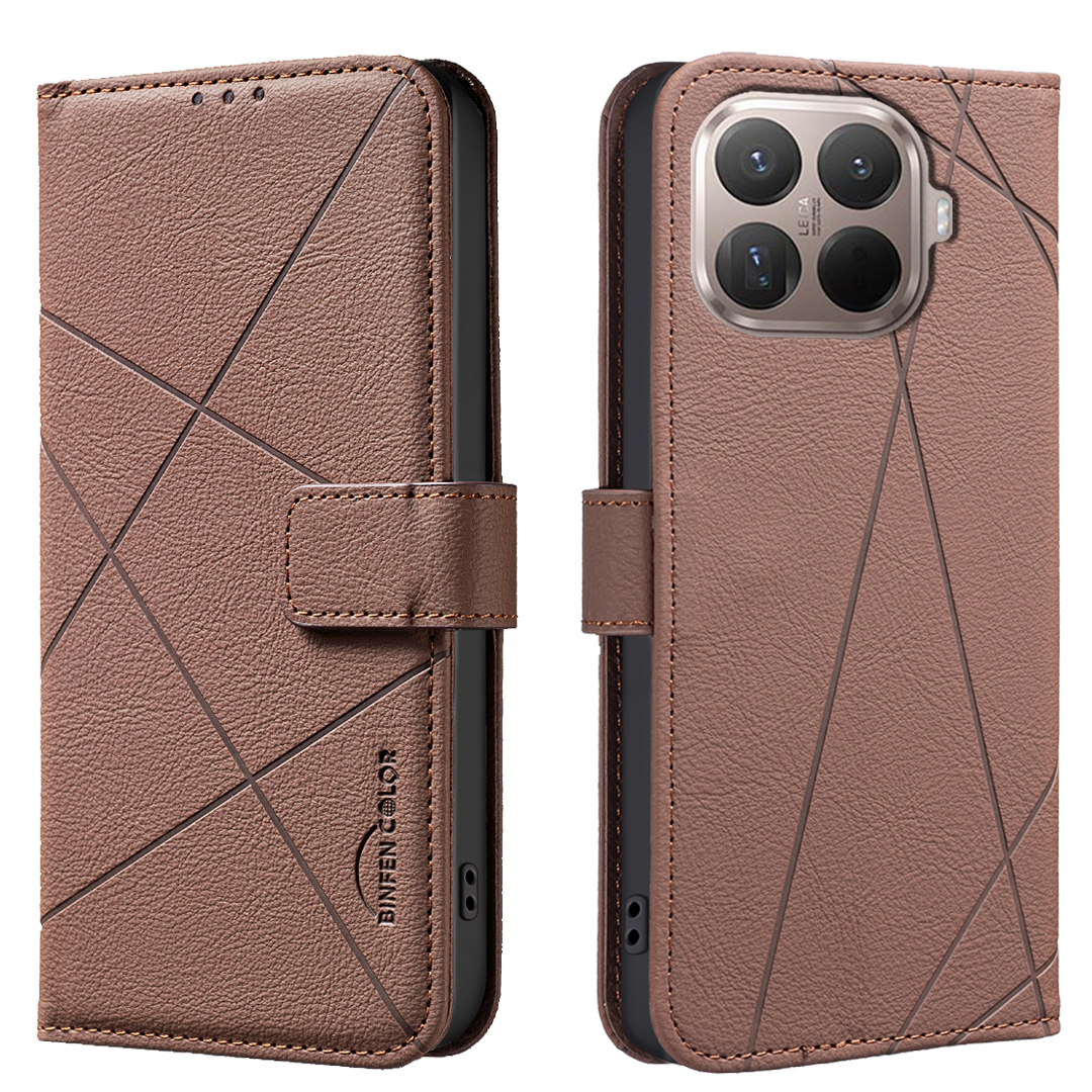 BINFEN COLOR For Xiaomi 15T Pro Case  BF35 Geometry Imprinted Leather Phone Cover RFID Blocking Wallet Stand - Brown