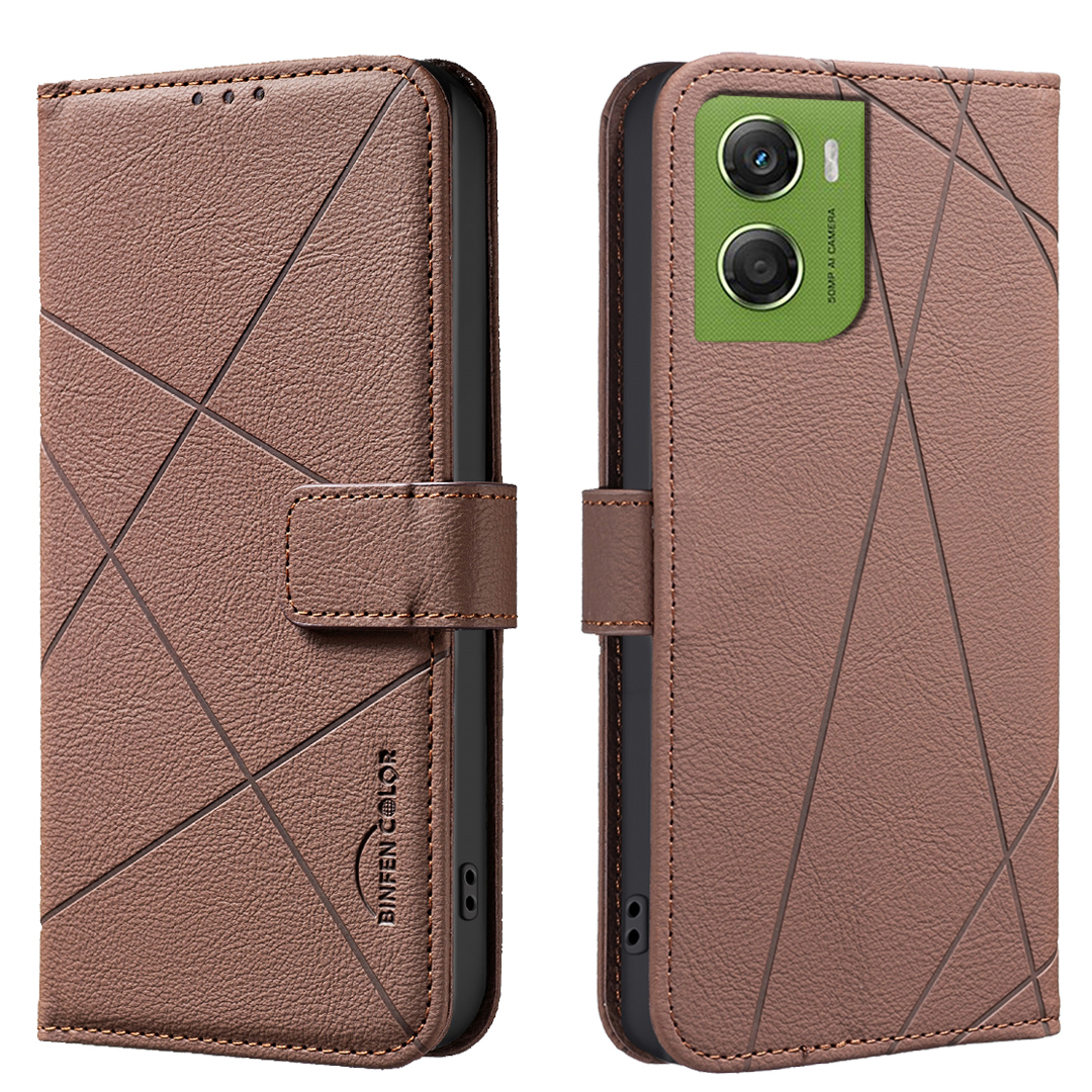 BINFEN COLOR For Motorola Moto G06 Power 4G / G06 4G Case  BF35 Geometry Imprinted Leather Phone Cover RFID Blocking Wallet Stand - Brown
