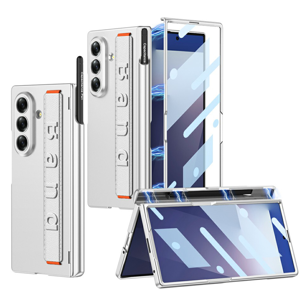 GKK For Samsung Galaxy Z Fold7 5G Case Magnetic Hinge Wristband PC Phone Cover with Tempered Glass Screen Film  /  Pen Slot - Silver