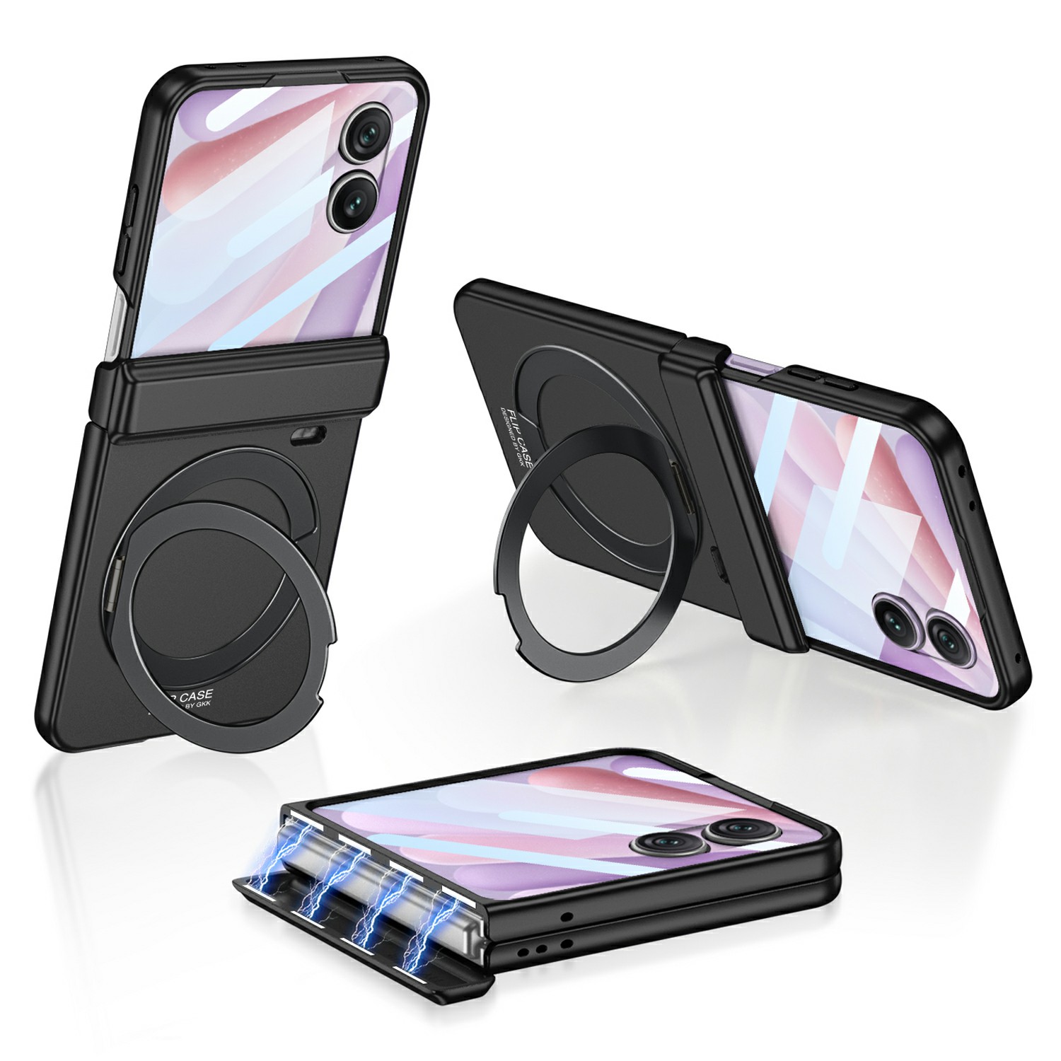 GKK For Honor Magic V Flip 2 Case Magnetic Hinge Rotary Ring Kickstand PC Phone Cover with Rear Screen Protector - Black