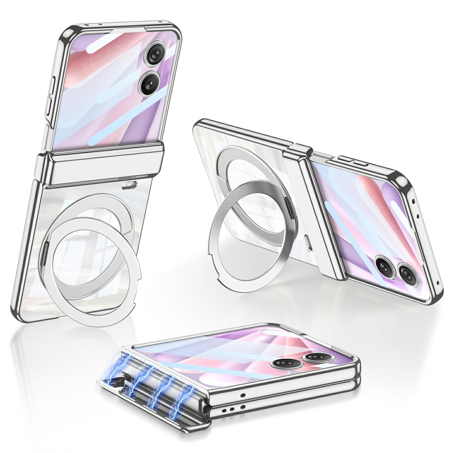 GKK For Honor Magic V Flip 2 Magnetic Case Ring Kickstand Electroplating Clear PC Phone Cover with Rear Screen Film - Silver