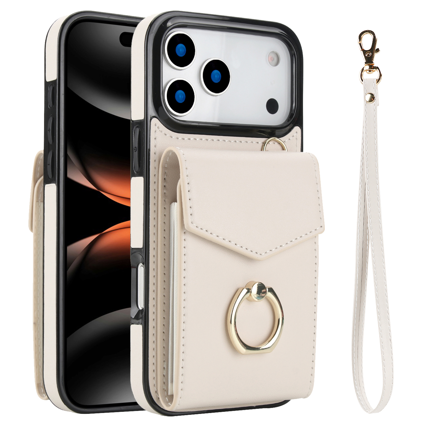 For iPhone 17 Pro Max Case Leather + TPU Accordion Card Bag Phone Cover with Ring Kickstand - Beige