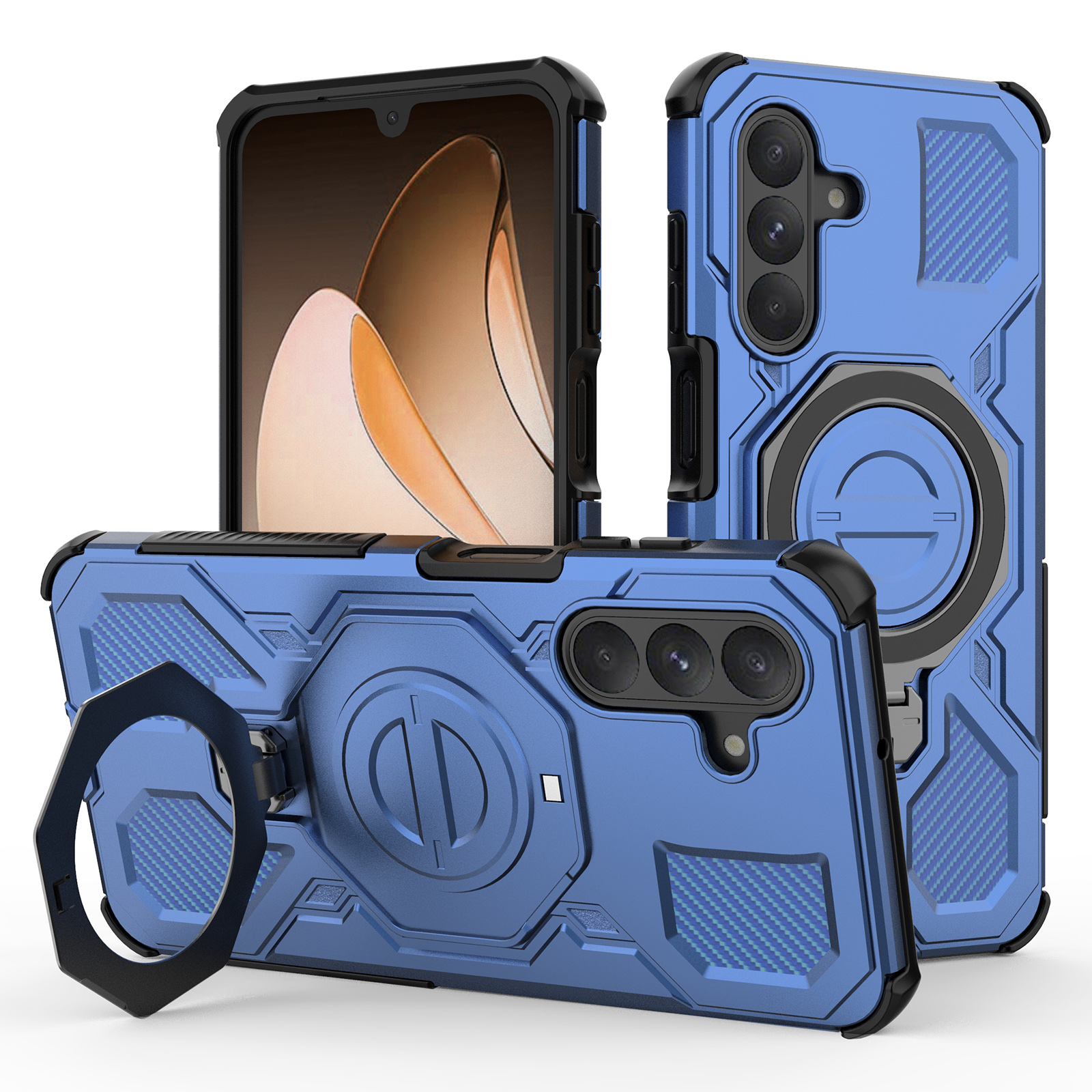 For Samsung Galaxy A26 5G Magnetic Case Rotating Metal Kickstand Shockproof PC + TPU Phone Back Cover - Dark Blue