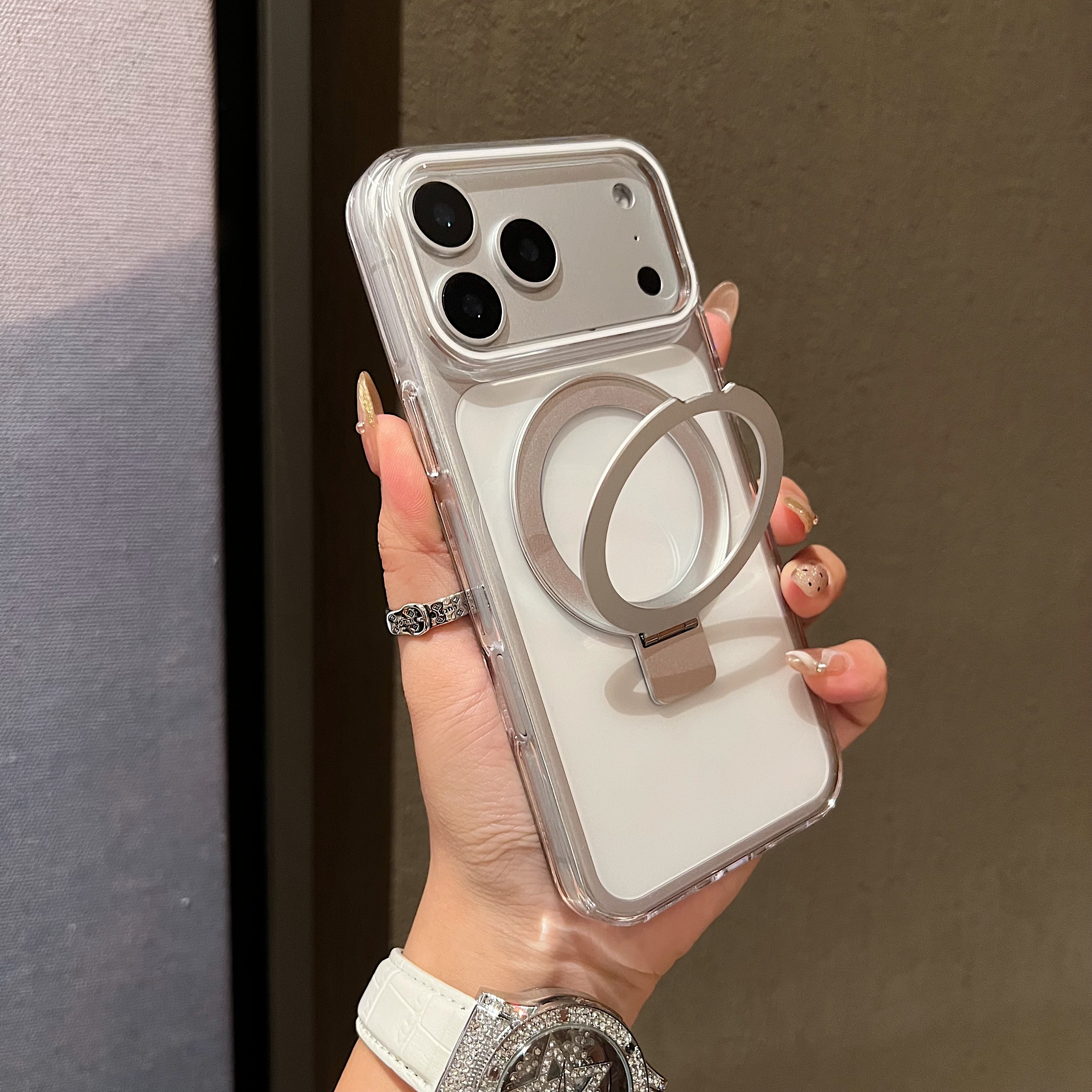 For iPhone 17 Pro Magnetic Case Kickstand Clear TPU Phone Back Cover - Silver
