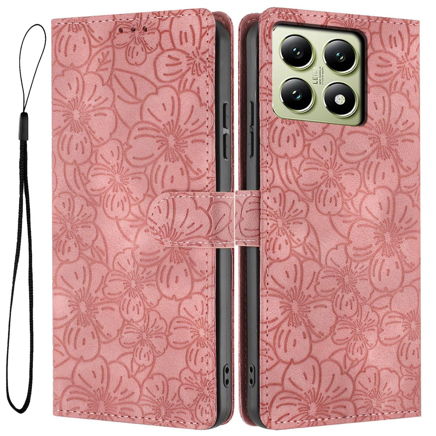 For Xiaomi 14T Flip Case Cherry Blossom Pattern Leather Wallet Stand Phone Cover with Wrist Strap - Pink