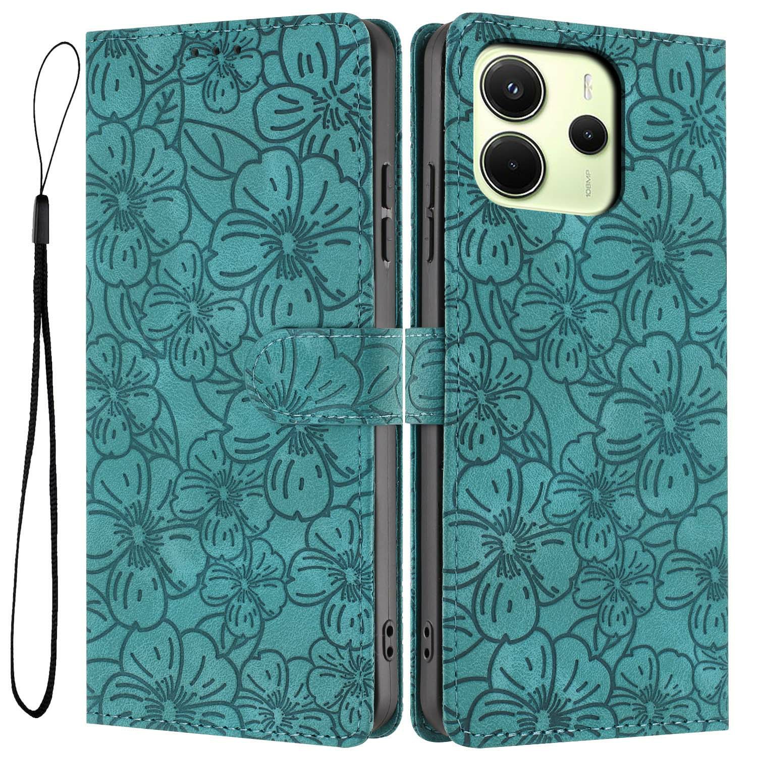 For Xiaomi Redmi Note 14 4G (163.25mm) Flip Case Cherry Blossom Pattern Leather Wallet Stand Phone Cover with Wrist Strap - Green