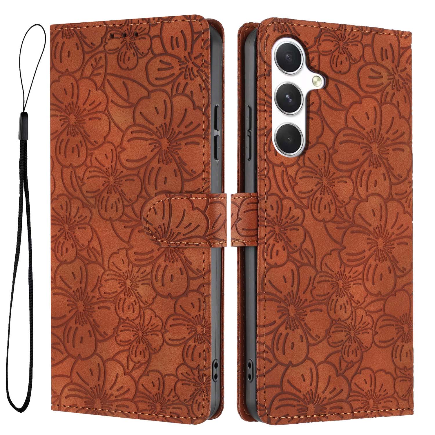 For Samsung Galaxy A17 5G  /  A26 5G Flip Case Cherry Blossom Pattern Leather Wallet Stand Phone Cover with Wrist Strap - Brown