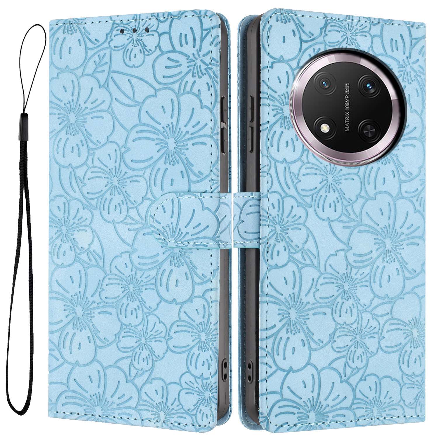 Flip Case For Honor X9c 5G  /  Magic7 Lite 5G Leather Phone Cover Cherry Blossom Pattern Wallet Stand with Wrist Strap - Sky Blue