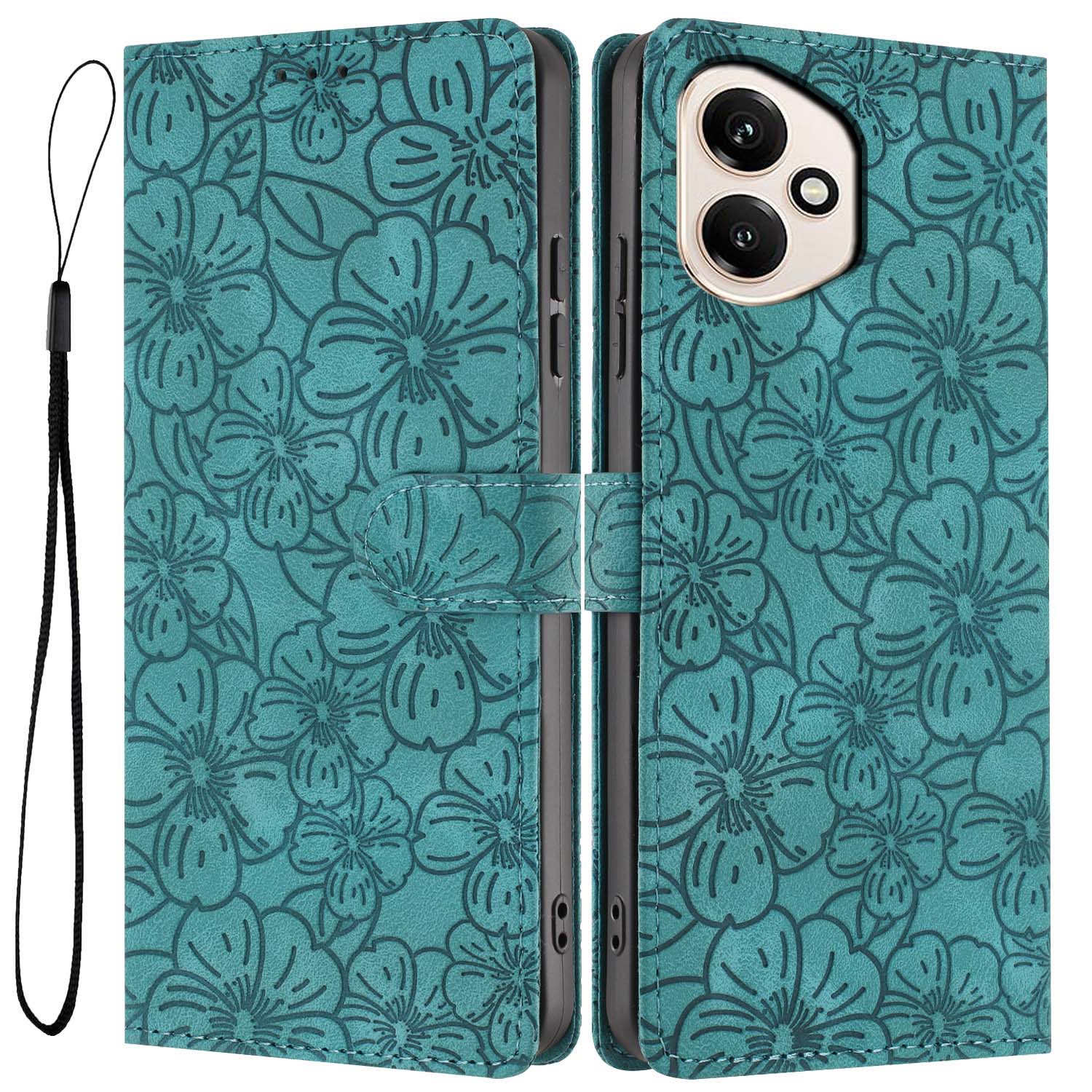 For Honor 400 5G (Global) Flip Case Cherry Blossom Pattern Leather Wallet Stand Phone Cover with Wrist Strap - Green