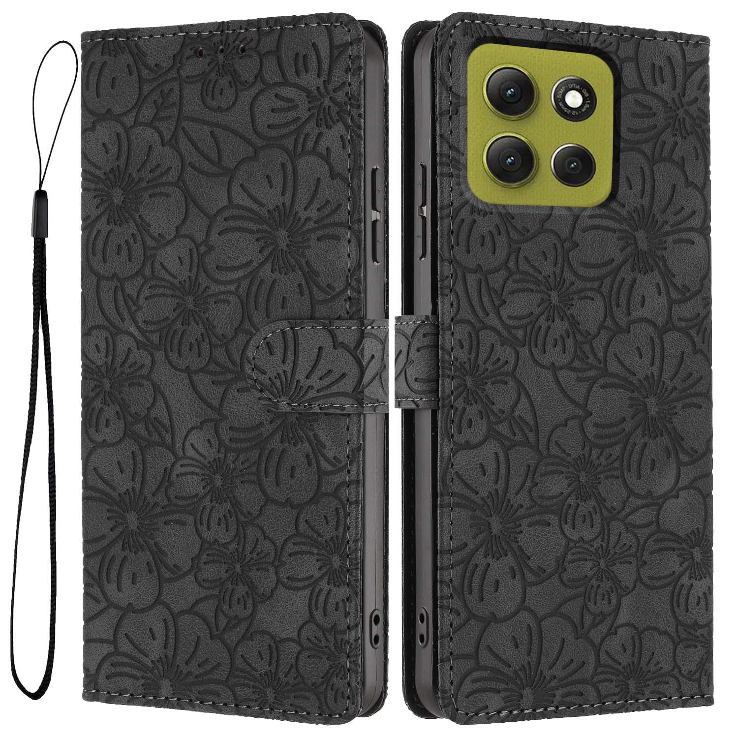 For Motorola Moto G86 5G Flip Case Cherry Blossom Pattern Leather Wallet Stand Phone Cover with Wrist Strap - Black