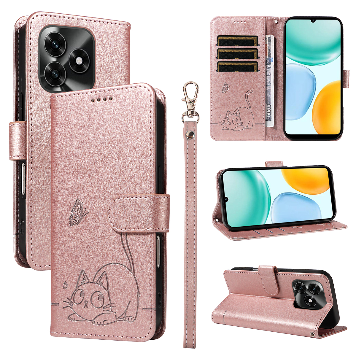 For Honor X5c Plus 4G Case Cat Pattern Imprint Leather Phone Cover with Wrist Strap - Rose Gold