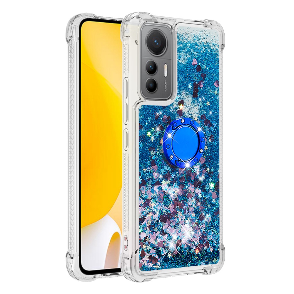 

YB Quicksand Serie-7 Für Xiaomi 12 Lite 5G Flüssiges Quicksand Design Soft TPU Deckring Kickstand Impact Resistant Back Case - Blau / Herzen, Xiaomi 12 Lite 5G