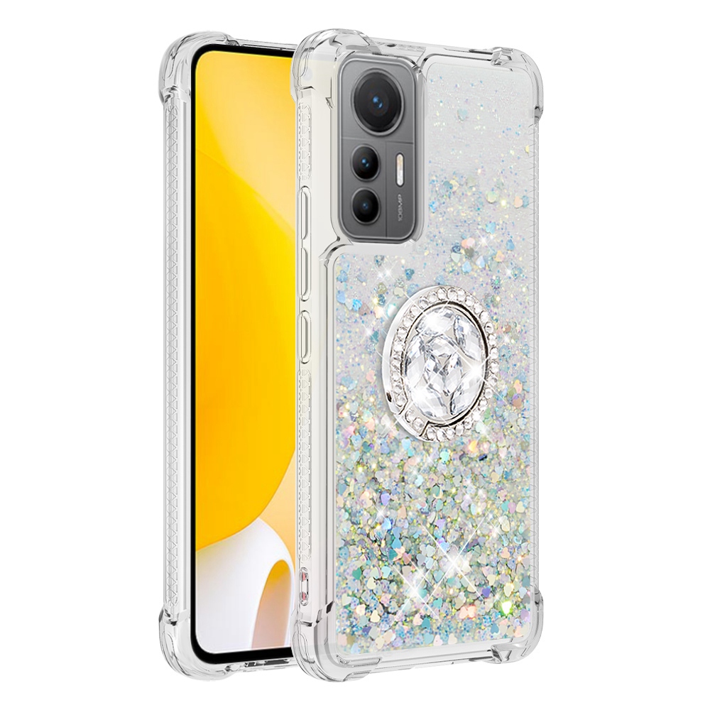 

YB Quicksand Serie-7 Für Xiaomi 12 Lite 5G Flüssiges Quicksand Design Soft TPU Deckring Kickstand Impact Resistant Back Case - Silber- / Herzen, Xiaomi 12 Lite 5G