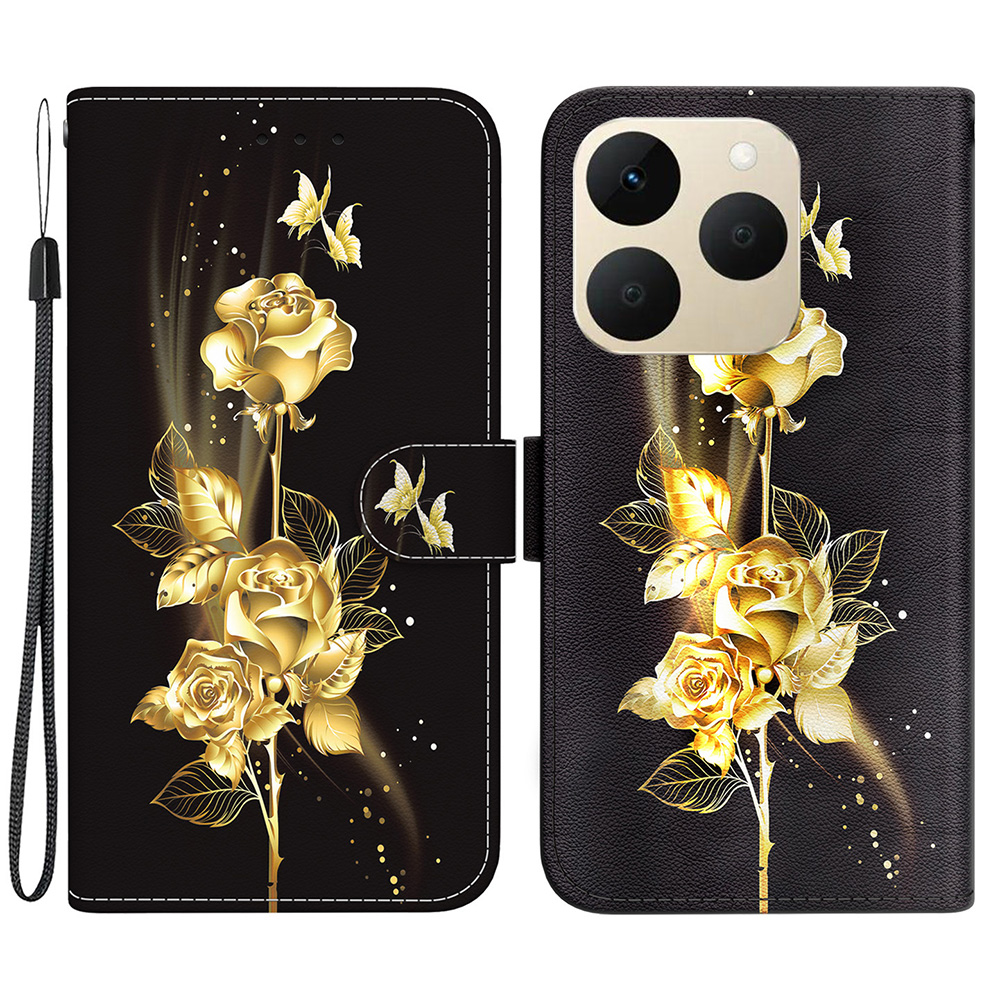 For Realme 15T 5G Wallet Phone Case Anti-Drop Pattern Printing Leather Flip Cover with Strap - Gold Butterfly Rose