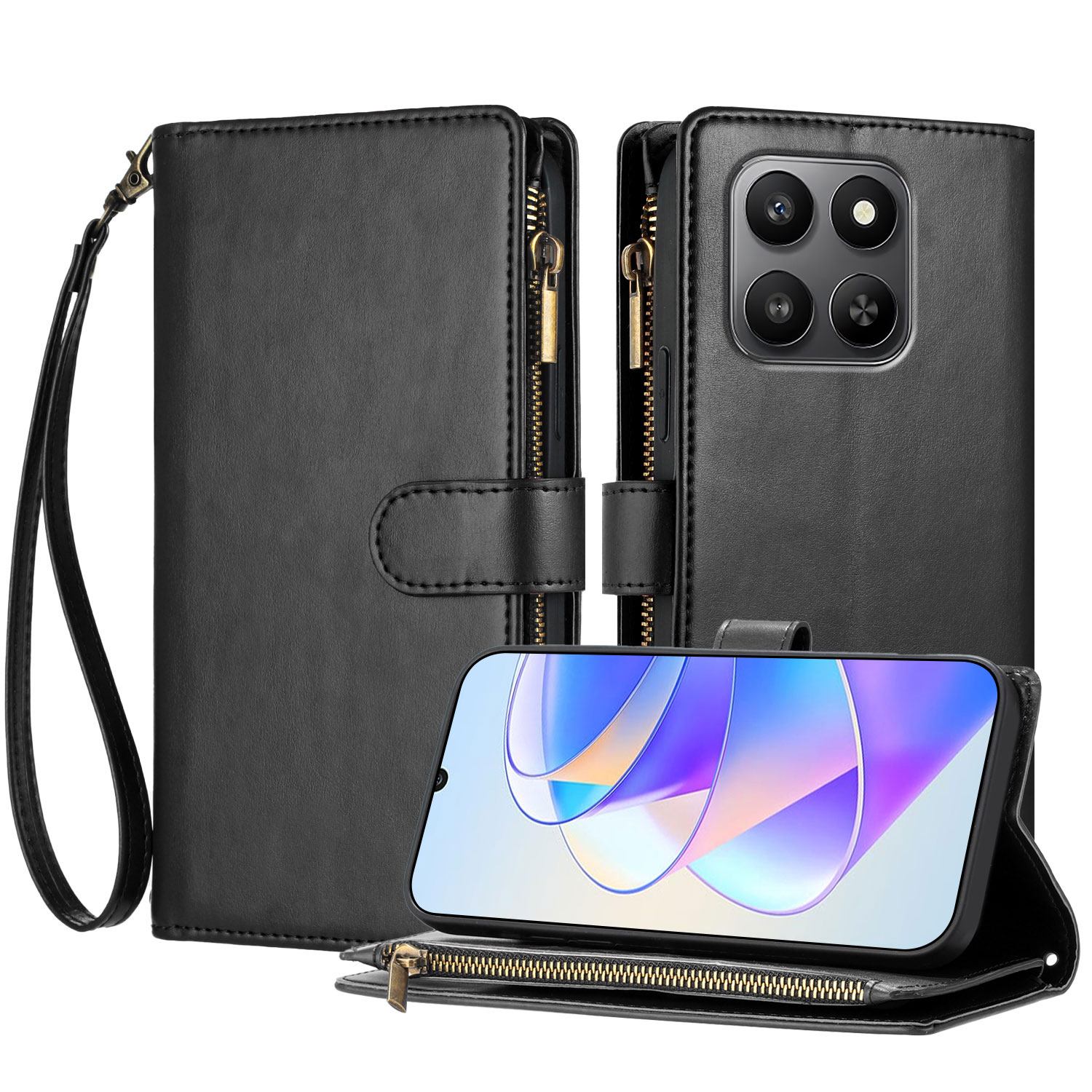 For Honor 400 Smart 4G / Honor X7d 4G / Honor X7d 5G / Honor 400 Smart 5G Leather Case Zipper Wallet Stand Shockproof Phone Cover with Wrist Strap - B