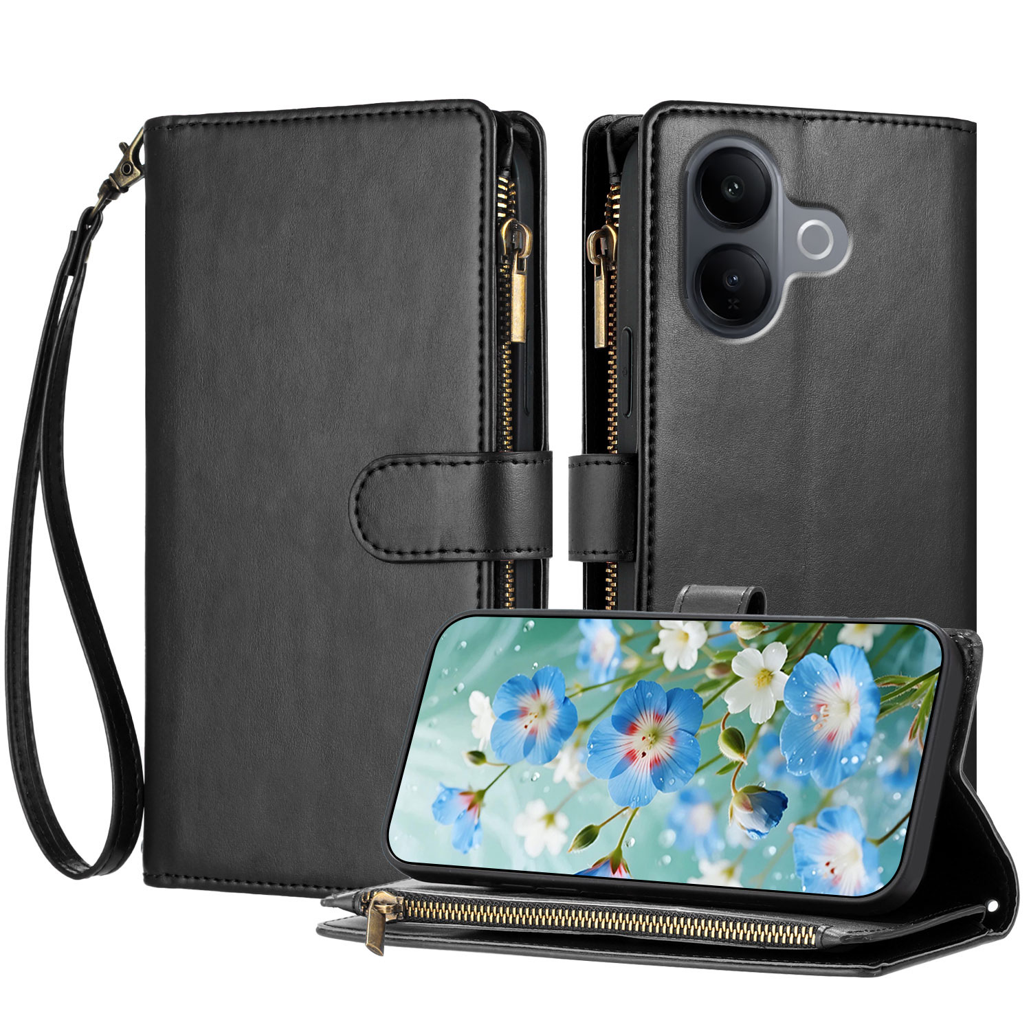For vivo V60 Lite 4G / vivo V60 Lite 5G Leather Case Zipper Wallet Stand Shockproof Phone Cover with Wrist Strap - Black