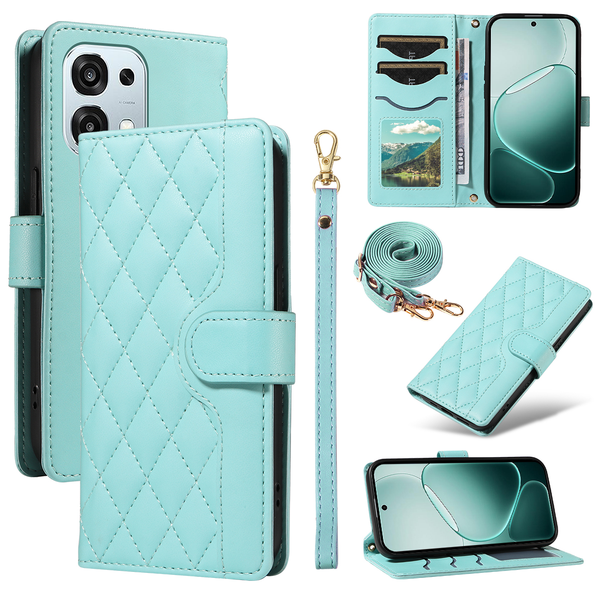 For Oppo A6 Pro 4G / Oppo F31 5G / Oppo A6 Pro 5G Wallet Case Rhombus Leather Phone Cover with Strap - Green