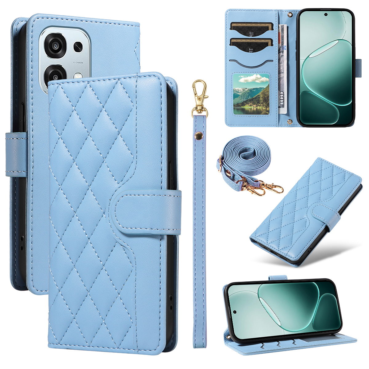 For Oppo A6 Pro 4G / Oppo F31 5G / Oppo A6 Pro 5G Wallet Case Rhombus Leather Phone Cover with Strap - Blue