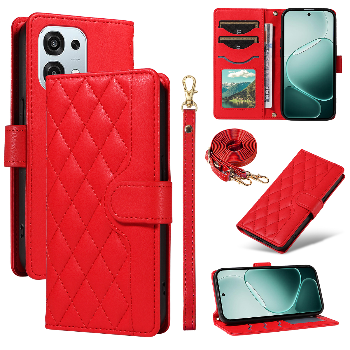 For Oppo A6 Pro 4G / Oppo F31 5G / Oppo A6 Pro 5G Wallet Case Rhombus Leather Phone Cover with Strap -  Red
