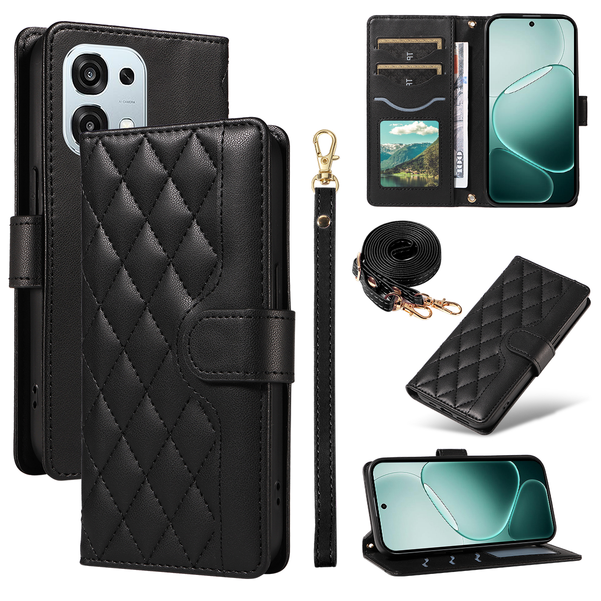 For Oppo A6 Pro 4G / Oppo F31 5G / Oppo A6 Pro 5G Wallet Case Rhombus Leather Phone Cover with Strap - Black