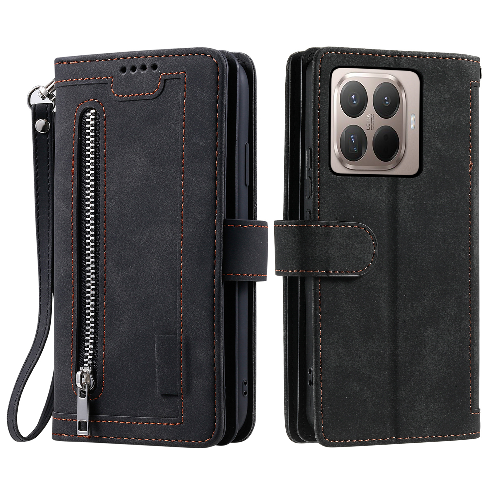 For Xiaomi 15T Pro Case 9 Card Slots Zipper Wallet PU Leather Phone Cover with Wrist Strap - Black