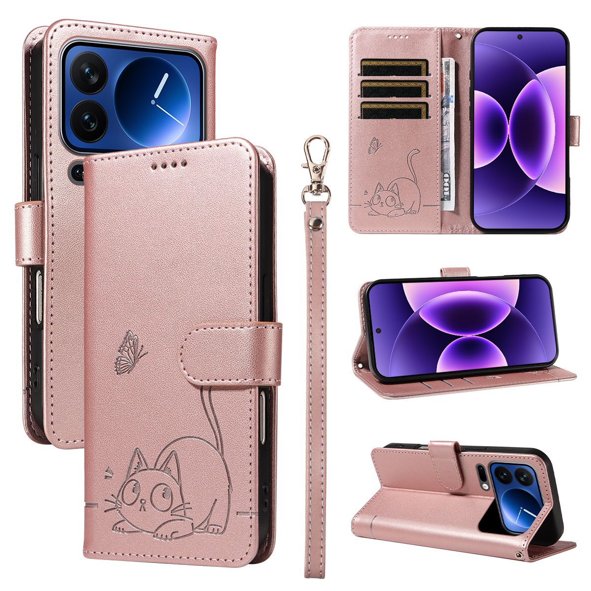 For Xiaomi 17 Pro Case Cat Pattern Imprint Leather Phone Cover with Wrist Strap - Rose Gold
