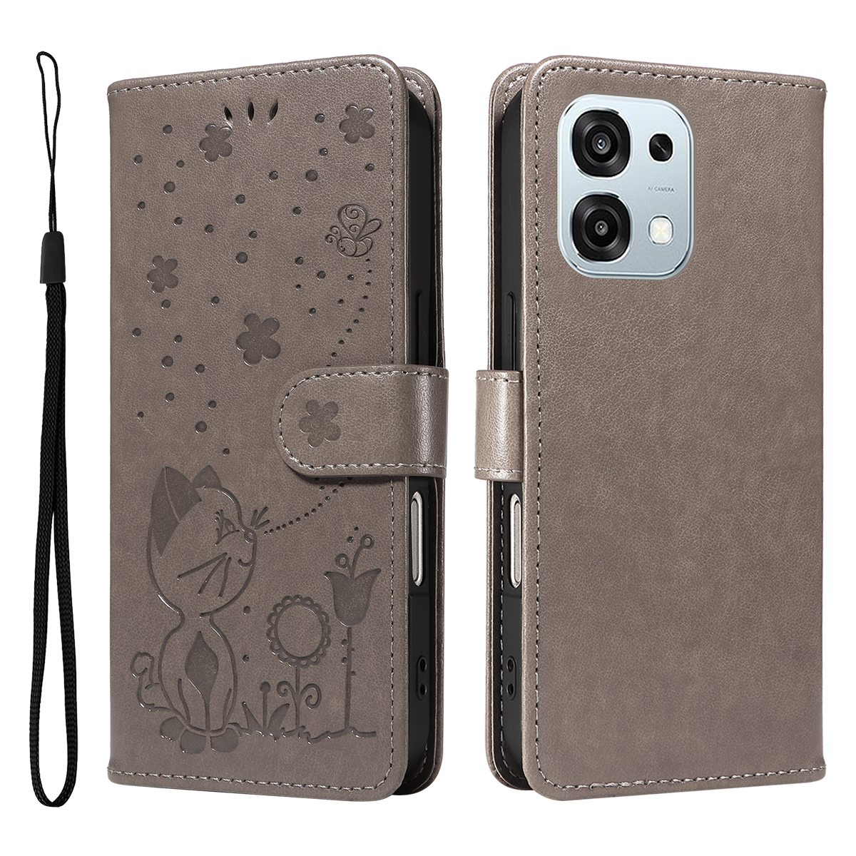 For Oppo A6 Pro 4G / Oppo F31 5G / Oppo A6 Pro 5G Leather Wallet Case Cat Bee Pattern Phone Cover Stand - Grey