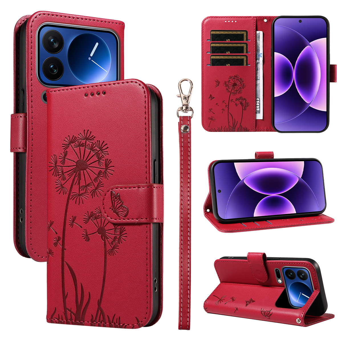 For Oppo A6 Pro 4G / Oppo F31 5G / Oppo A6 Pro 5G Leather Wallet Case with Strap Dandelion Imprint Phone Stand Cover - Red