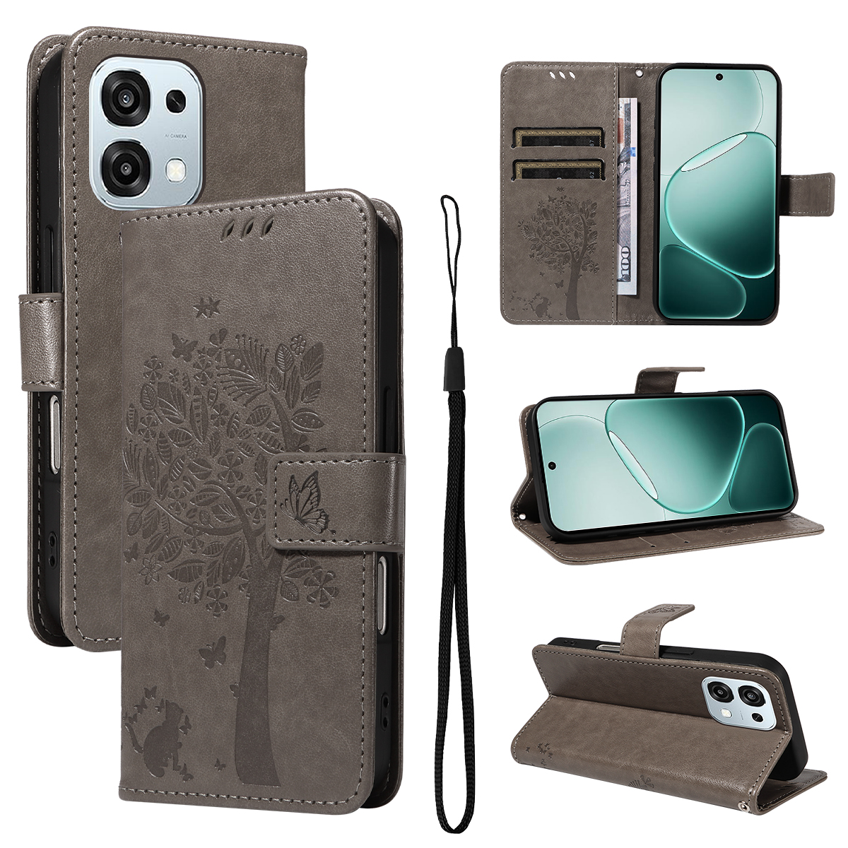 For Oppo A6 Pro 4G / Oppo F31 5G / Oppo A6 Pro 5G Phone Case with Stand Cat Tree Pattern Leather Wallet Mobile Cover - Grey