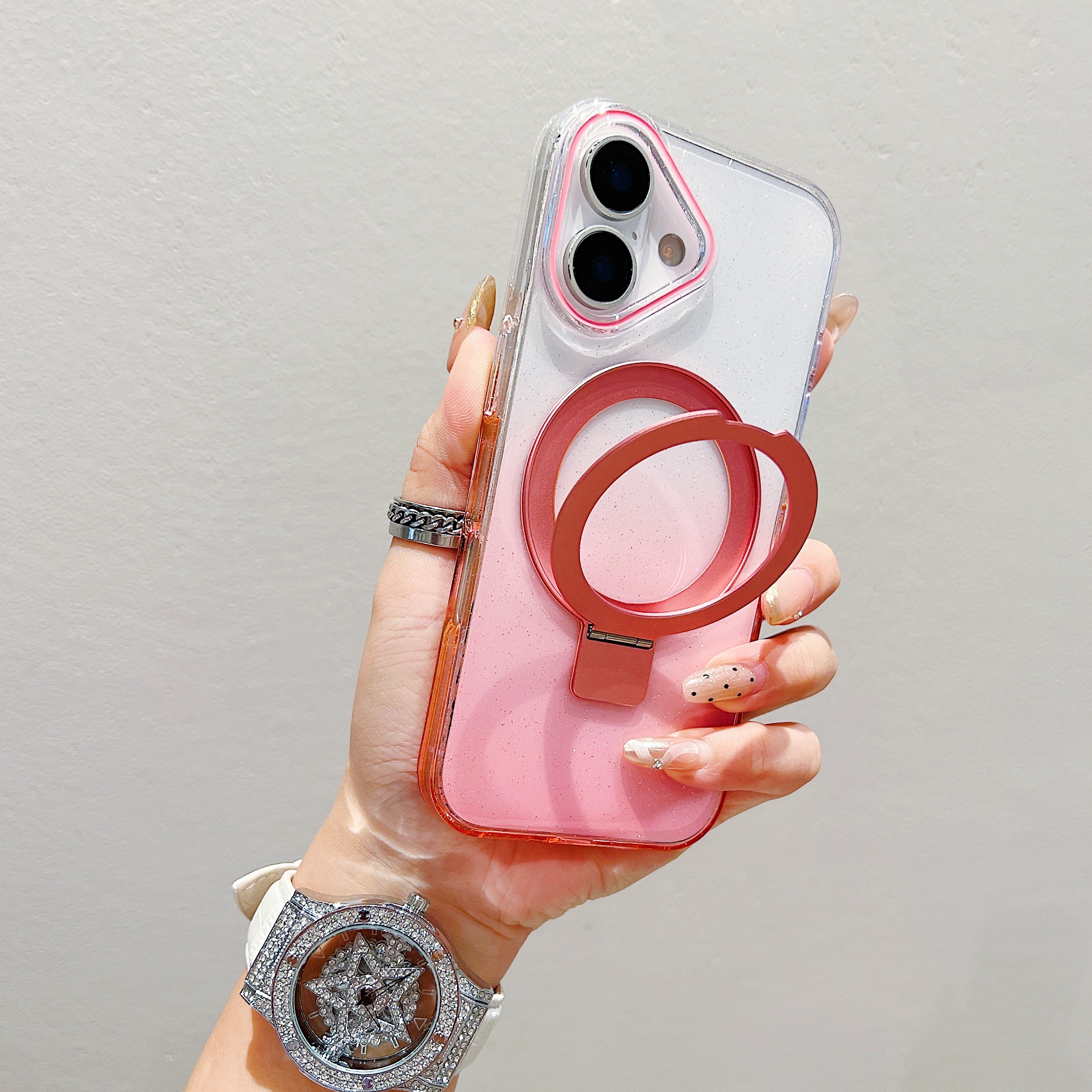 For iPhone 17 Magnetic Case Kickstand Gradient Clear TPU Phone Back Cover - Pink