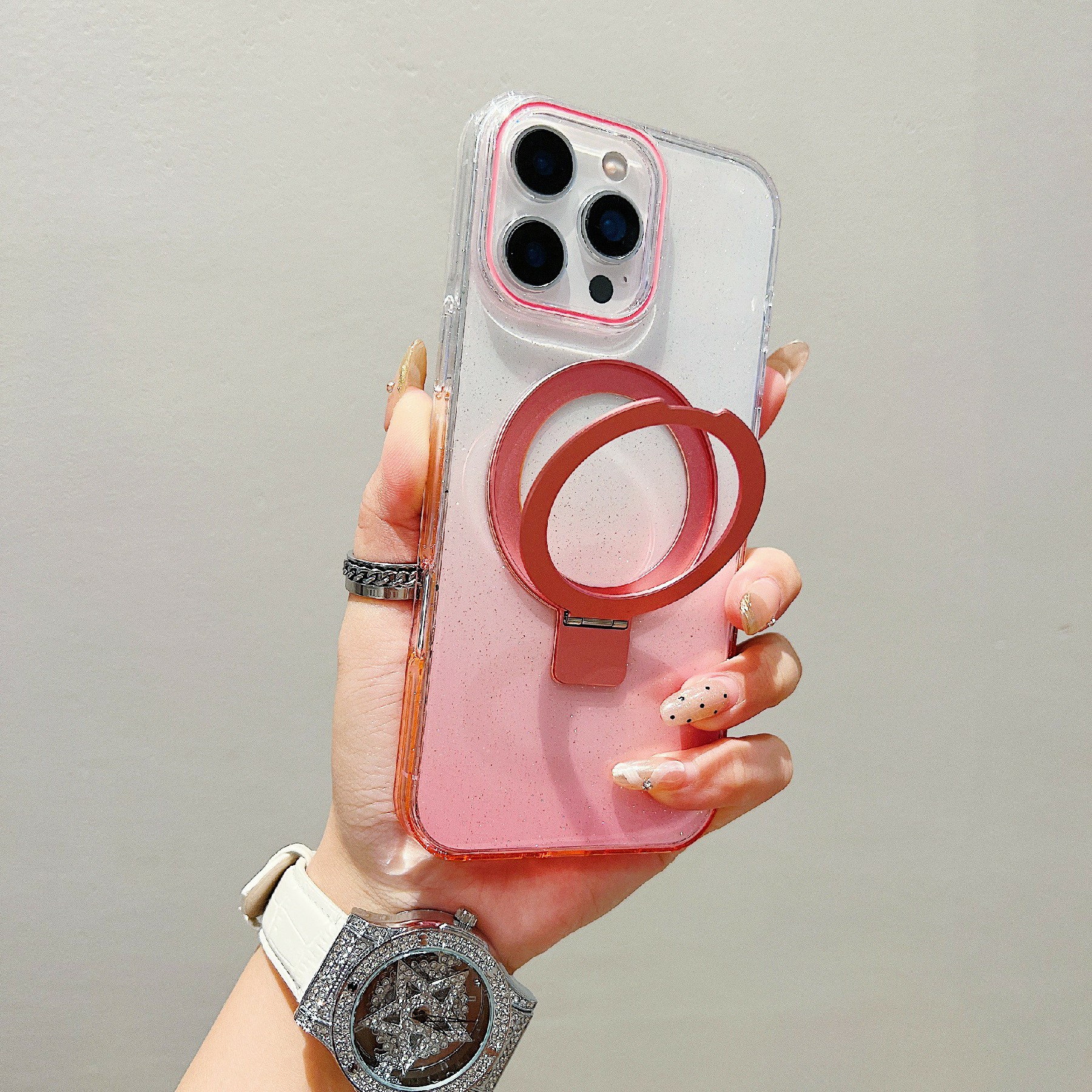 For iPhone 16 Pro Magnetic Case Kickstand Gradient Clear TPU Phone Back Cover - Pink