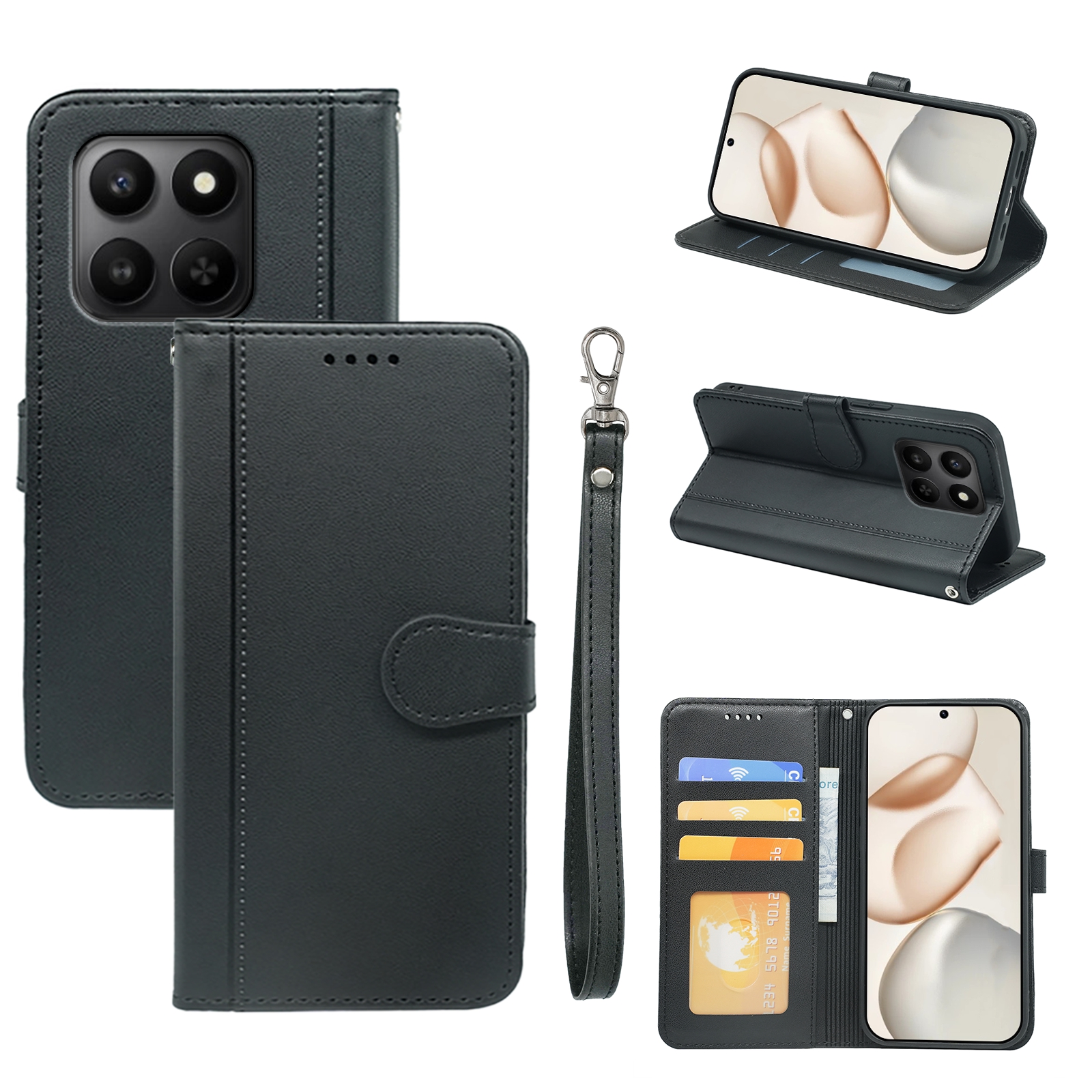 Wallet Case For Honor 400 Smart 5G  /  4G  /  X7d 4G Magnetic Snap Leather Phone Cover with Strap - Black