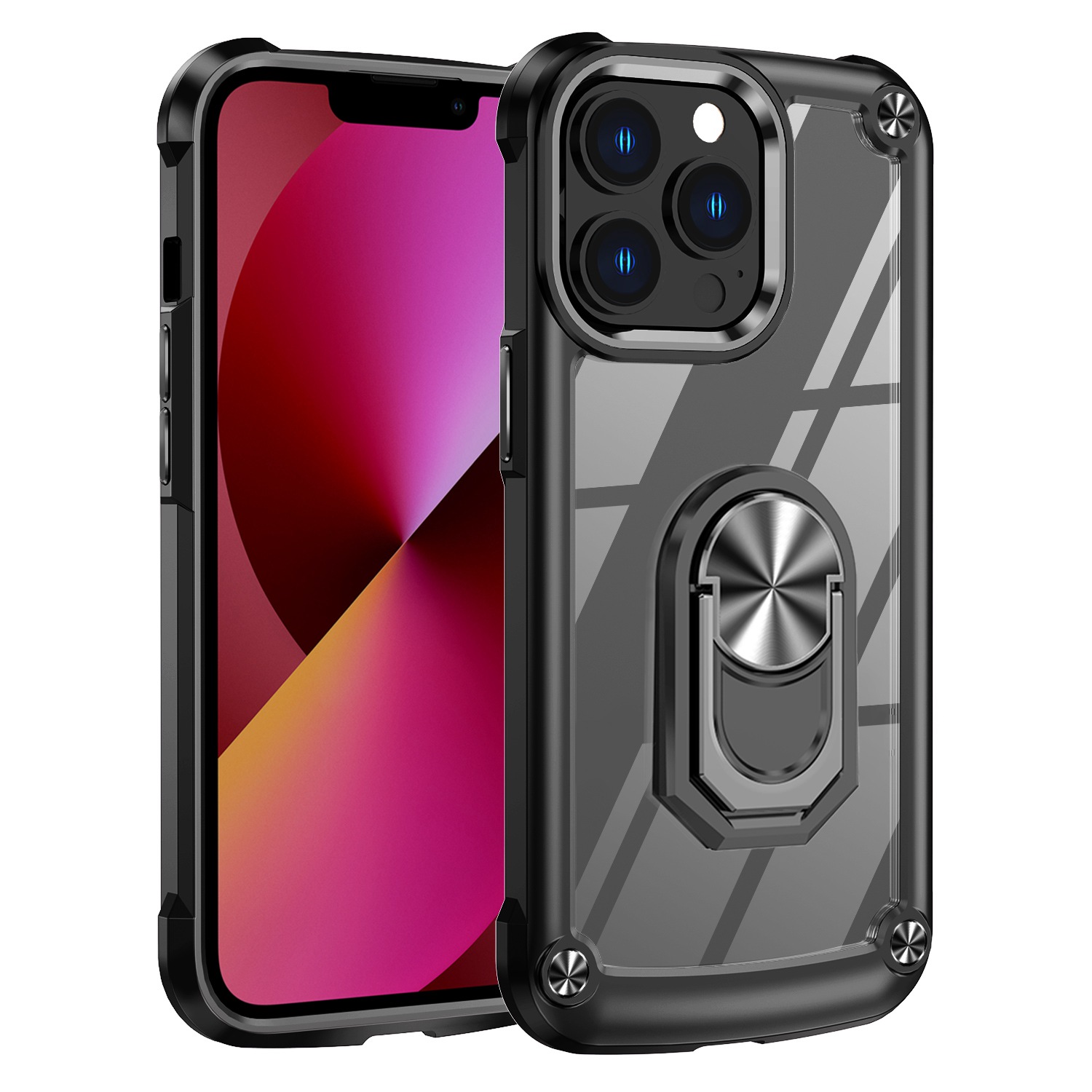 

Shockproof Phone Case For iPhone 13 Pro 6.1 inch Metal Ring Kickstand PC + TPU Cellphone Cover - Black, iPhone 13 Pro