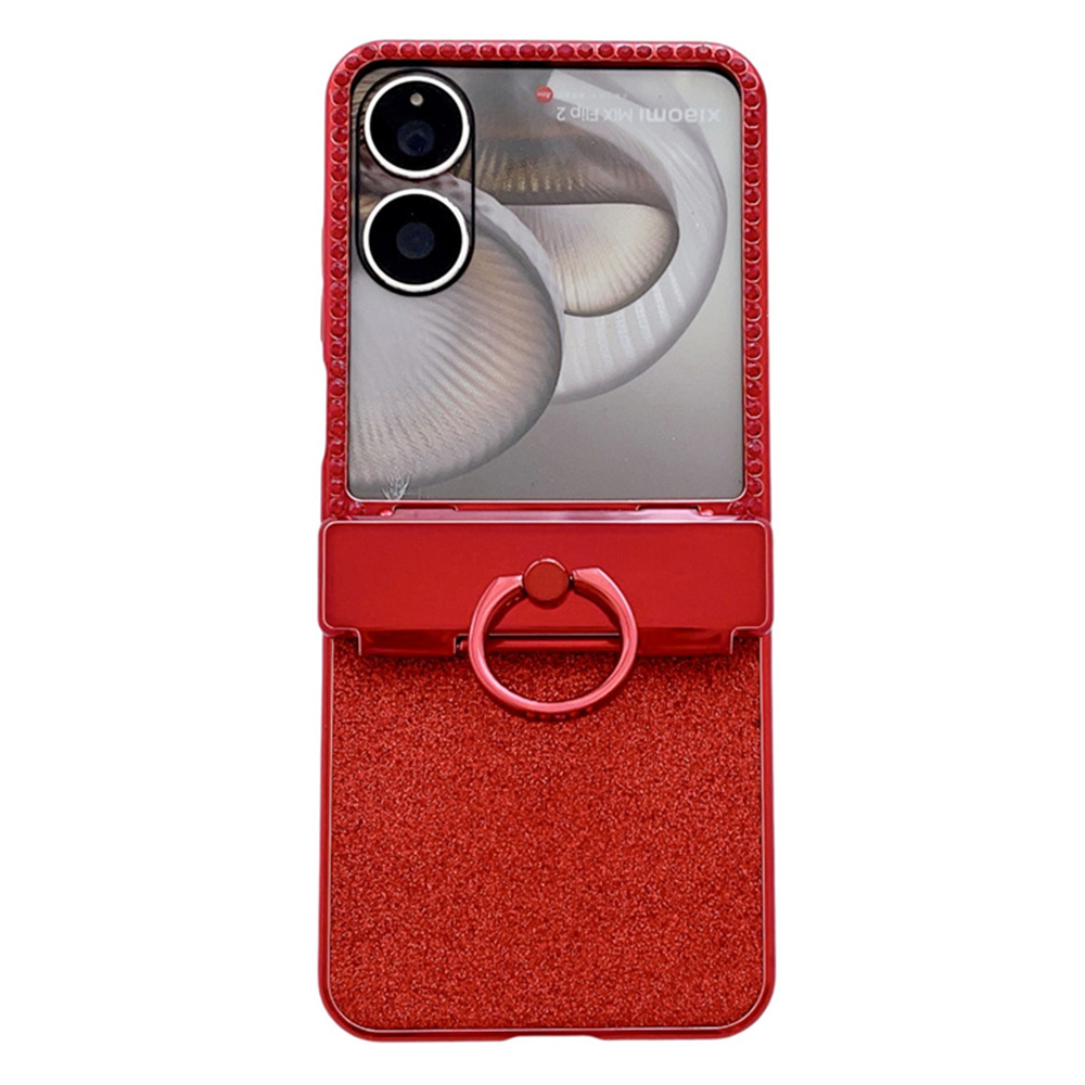 For Xiaomi Mix Flip 2 Case Shiny Glitter Ring Holder PC Phone Cover with Tempered Glass Rear Screen Film