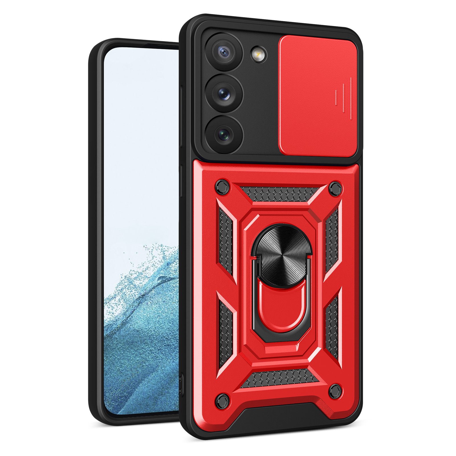 

For Samsung Galaxy S23 Ring Kickstand PC + TPU Protective Cover Anti-drop Phone Case with Slide Camera Lid - Red, Galaxy S23
