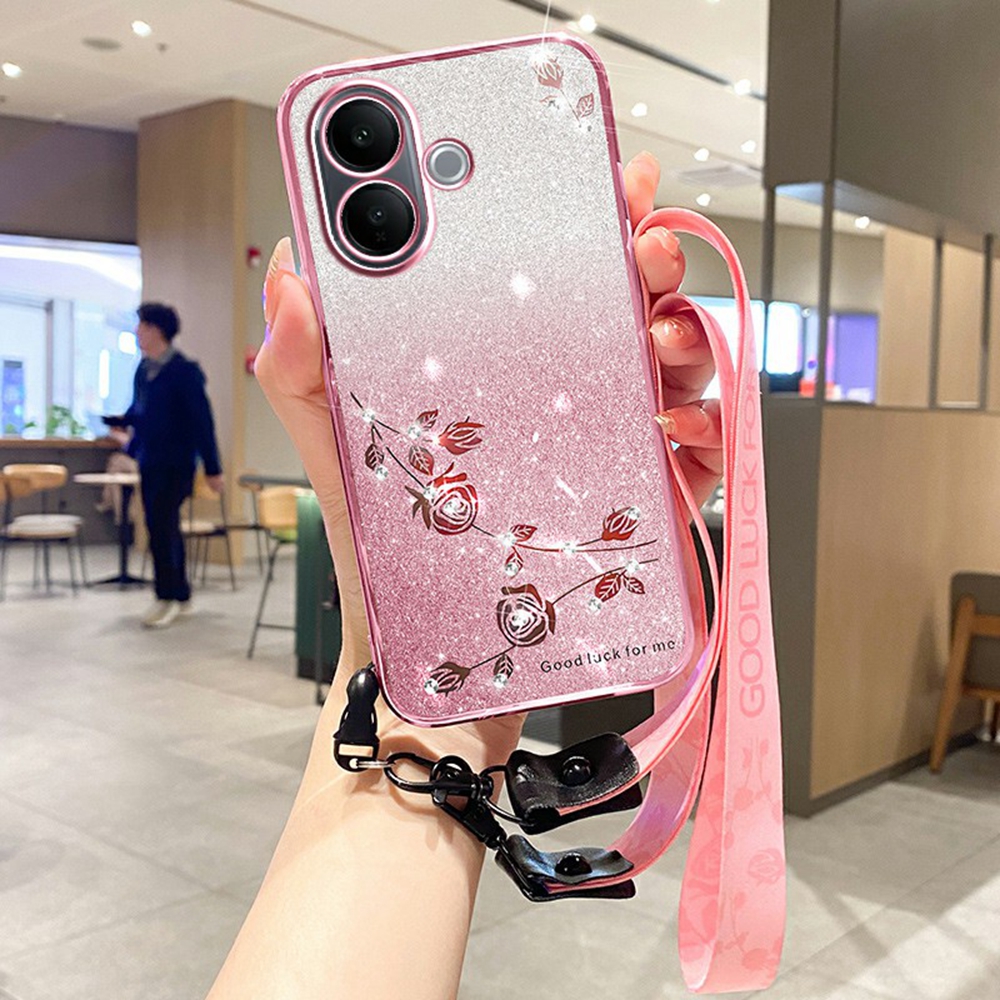 KADEM For vivo V60 Lite 4G / 5G Case Flower Pattern TPU Gradient Phone Cover with Lanyards - Rose Gold