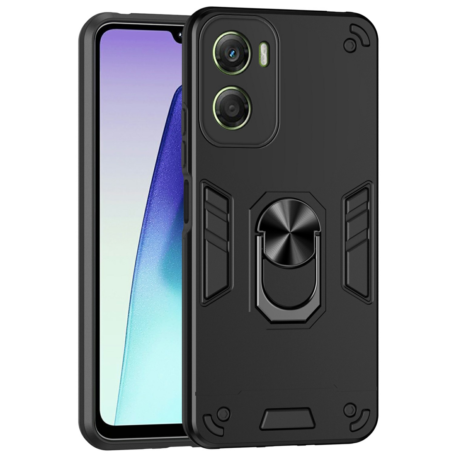 For Motorola Moto G06 Power 4G / G06 4G Case PC + TPU Drop Defend Phone Cover with Ring Kickstand - Black
