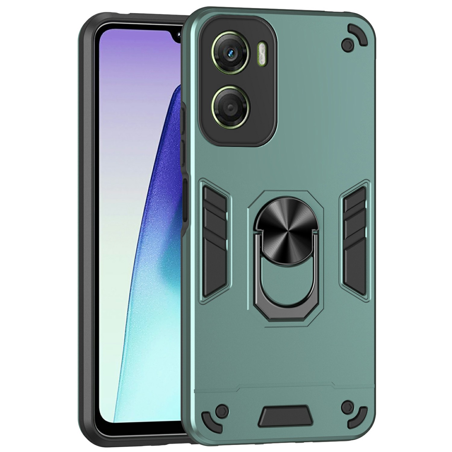 For Motorola Moto G06 Power 4G / G06 4G Case PC + TPU Drop Defend Phone Cover with Ring Kickstand - Green