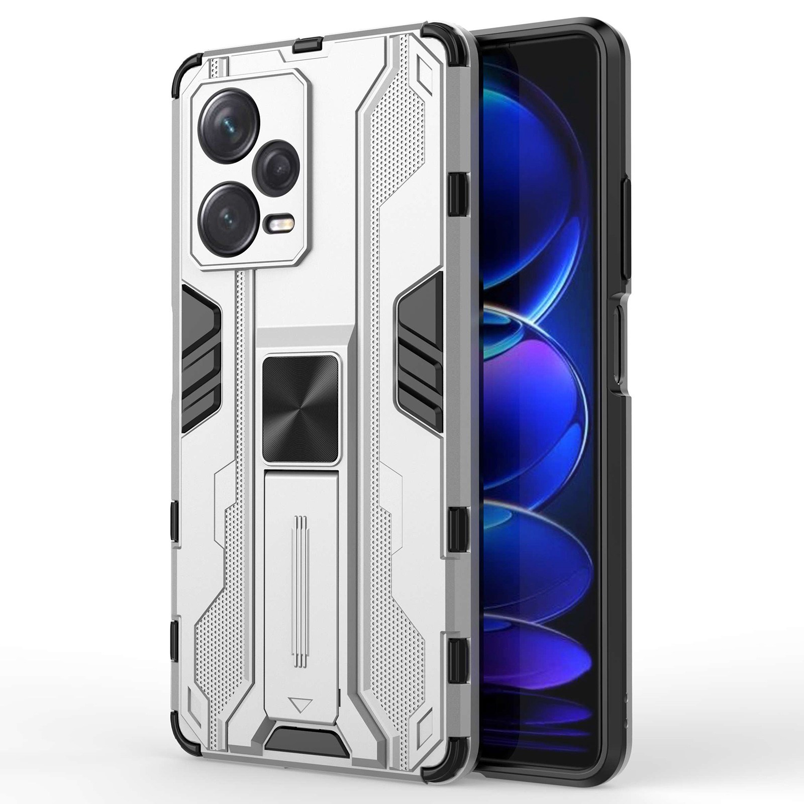 

Für Xiaomi Redmi Note 12 Pro+ 5G Soft TPU Hard PC Dual Layer Shock-Absorption Cover Kickstand Anti-scratch-schutzhülle - Silber-, Xiaomi Redmi Note 12 Pro+ 5G