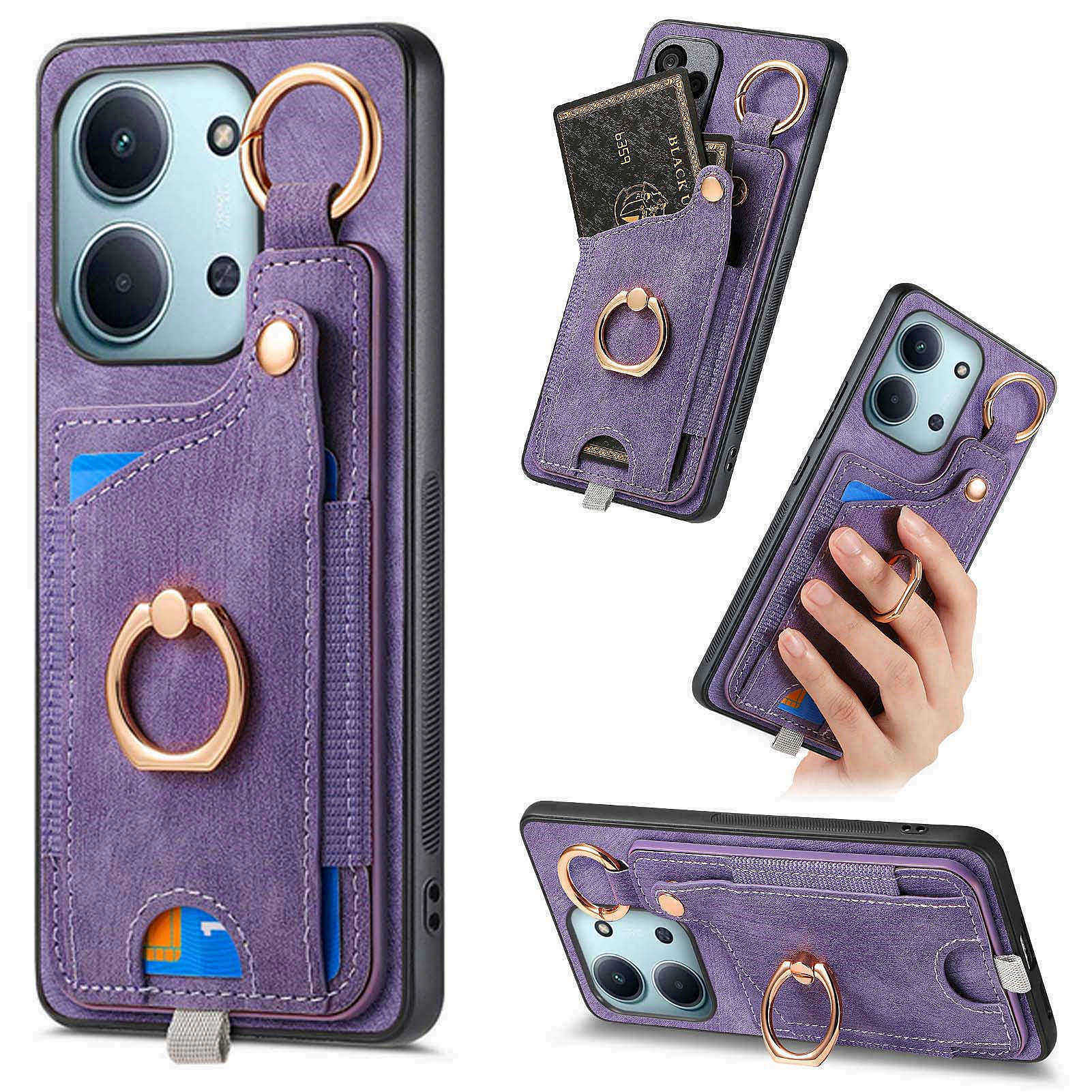 Retro Leather Case For Xiaomi Poco C85 4G (171mm) / Redmi 15C 4G (Global) (171mm) Phone Back Cover with Card Slots and Ring Holder - Purple